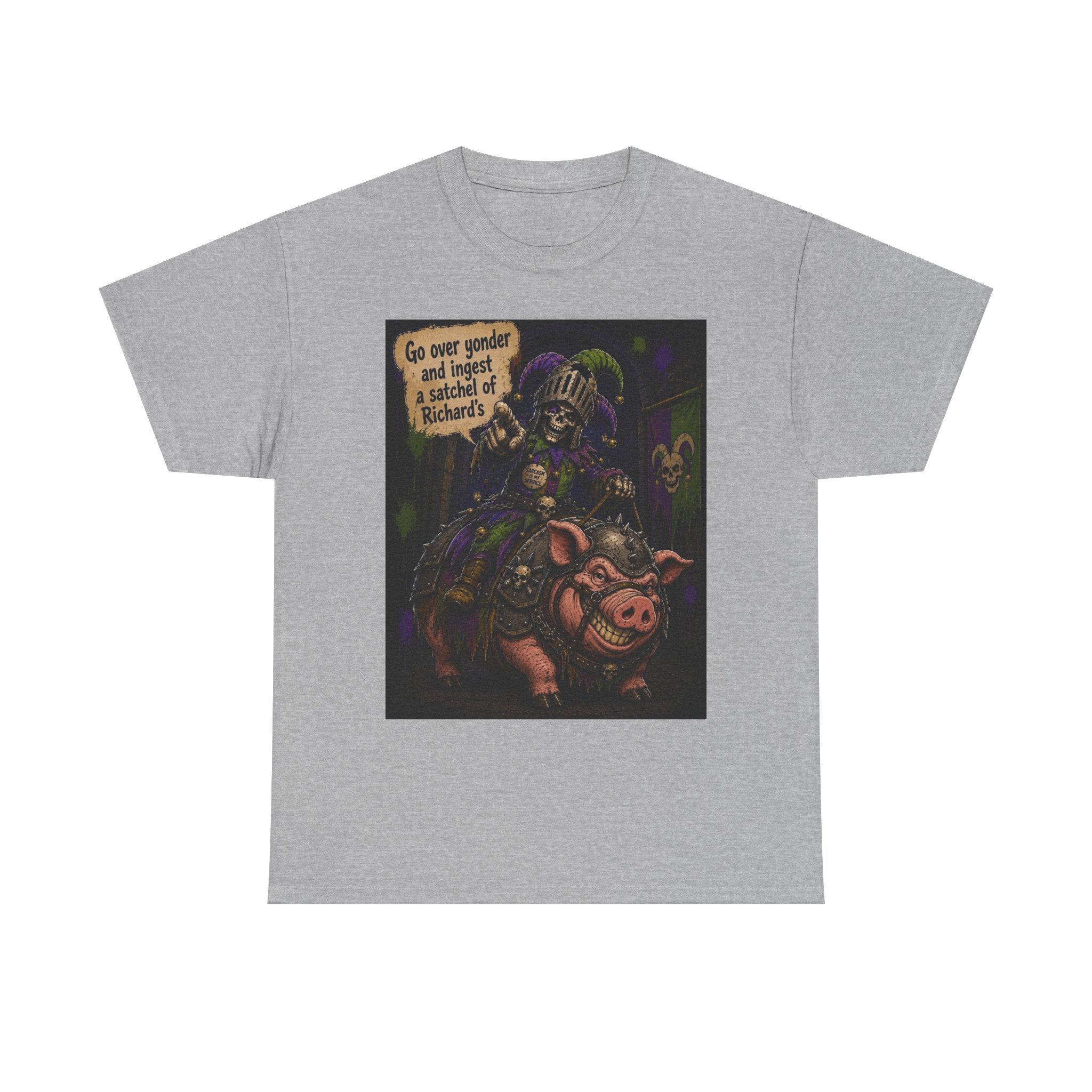"Go Over Yonder & Ingest a School of Richards" Fantasy Skeleton Knight Riding Pig Dark Humor Graphic T-Shirt