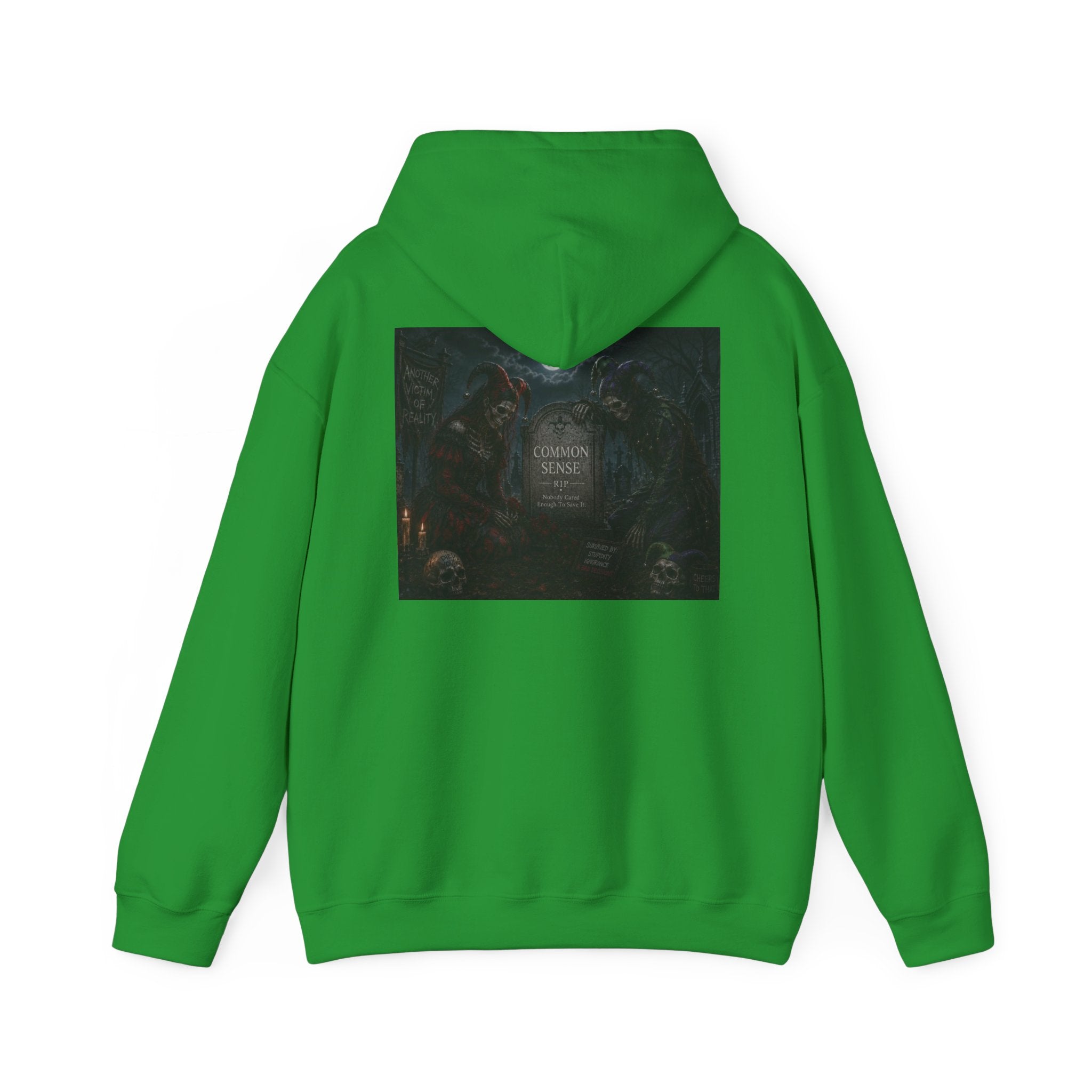 Sarcasm & Caution Hoodie — 'End of Common Sense' Skeleton Jester Duo Graphic Pullover