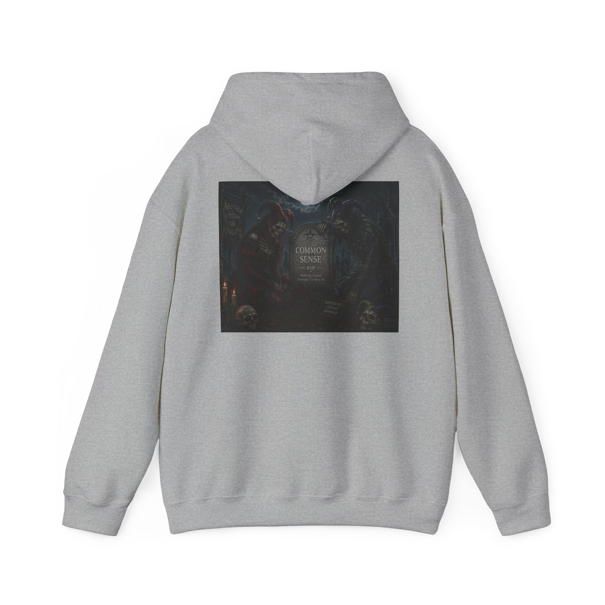Sarcasm & Caution Hoodie — 'End of Common Sense' Skeleton Jester Duo Graphic Pullover