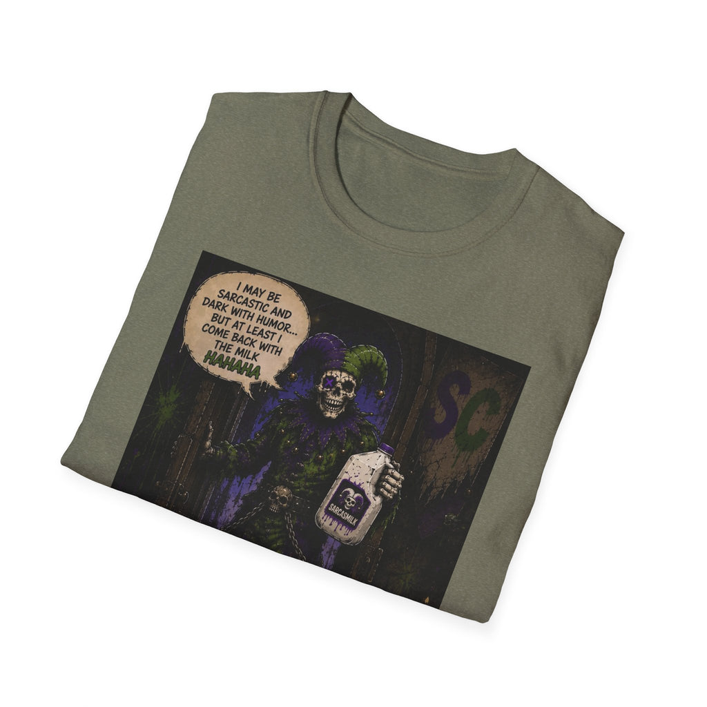Skeleton with Milk Jug Graphic T-Shirt — 'I Love It When My Bones Pop' Goth Halloween Tee