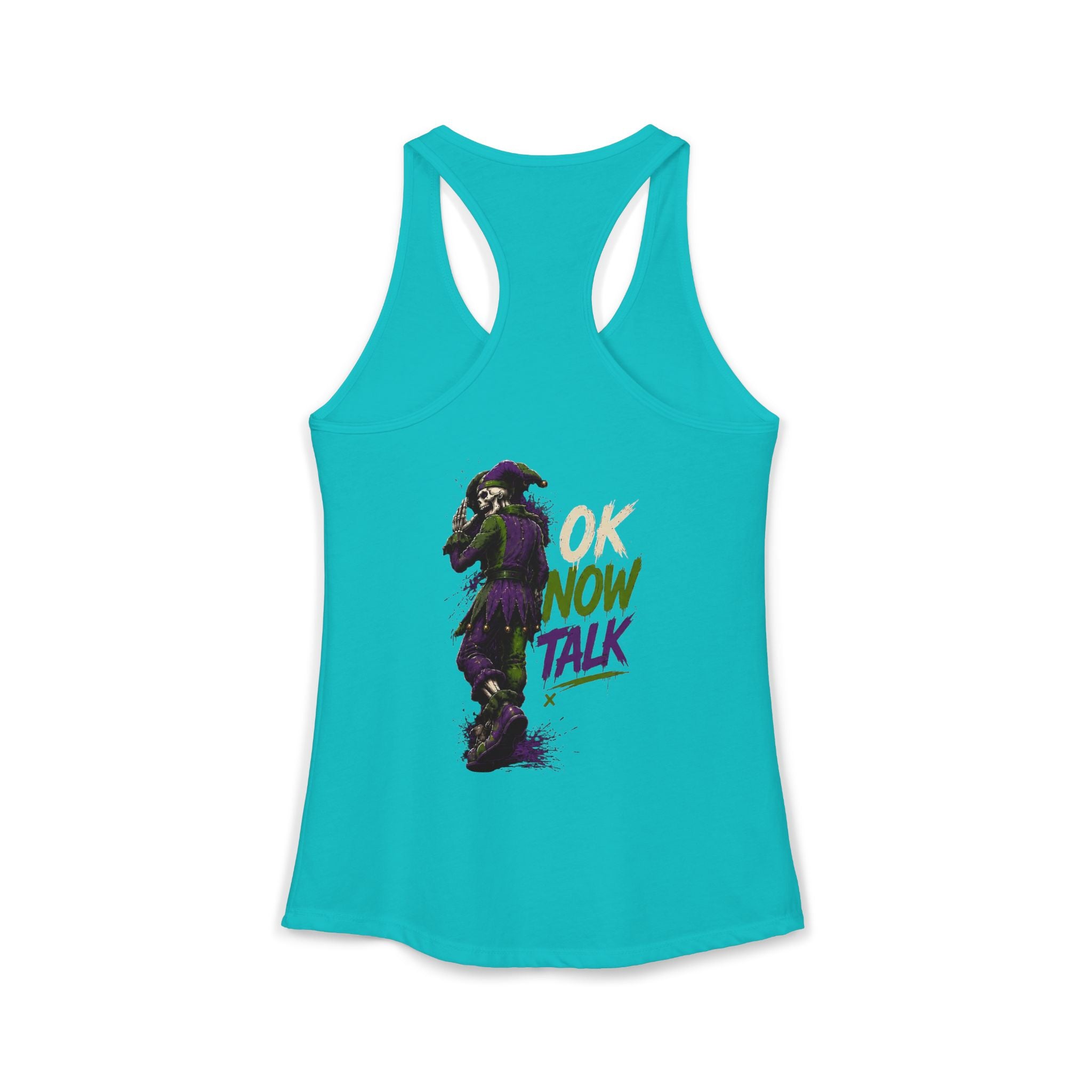Stop Hold On Racerback Tank — 'OK Now Talk' Jester Graphic Women's Tank Top