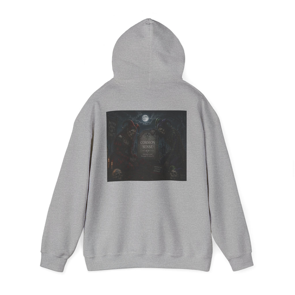 Sarcasm & Caution Hoodie — 'End of Common Sense' Skeleton Jester Duo Graphic Pullover