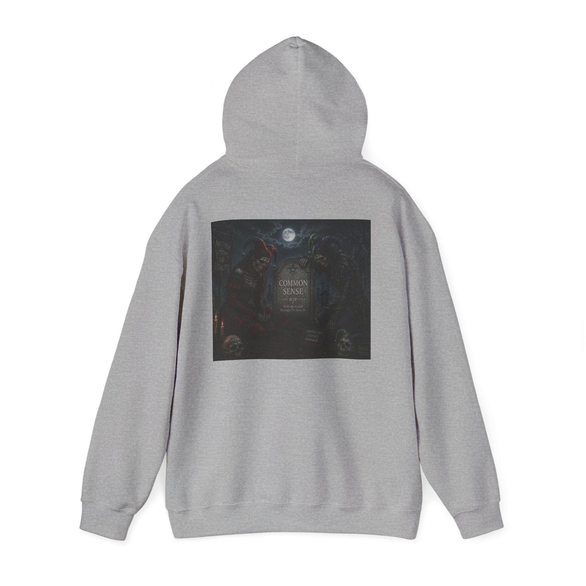 Sarcasm & Caution Hoodie — 'End of Common Sense' Skeleton Jester Duo Graphic Pullover