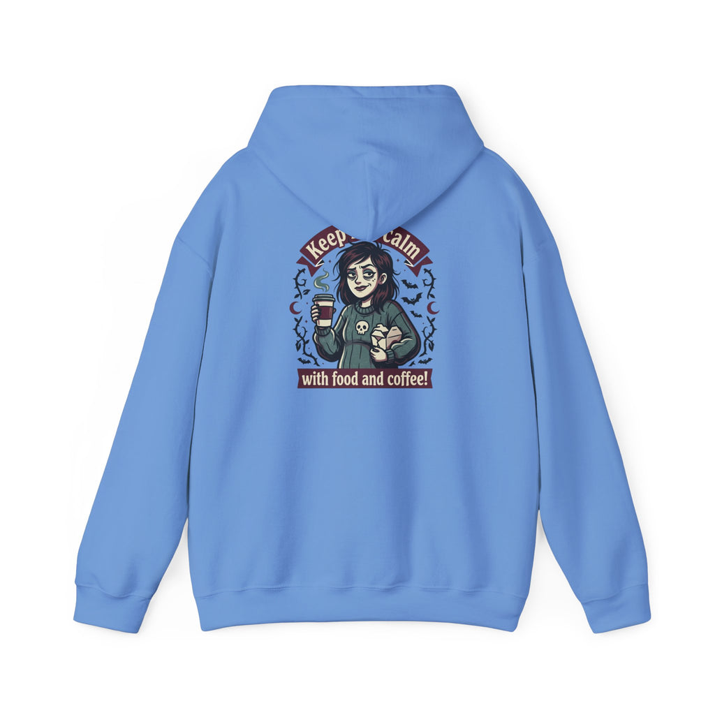 Sarcasm & Caffeine Hoodie — 'Keep Calm with Food and Coffee' Skeleton Jester Graphic Sweatshirt