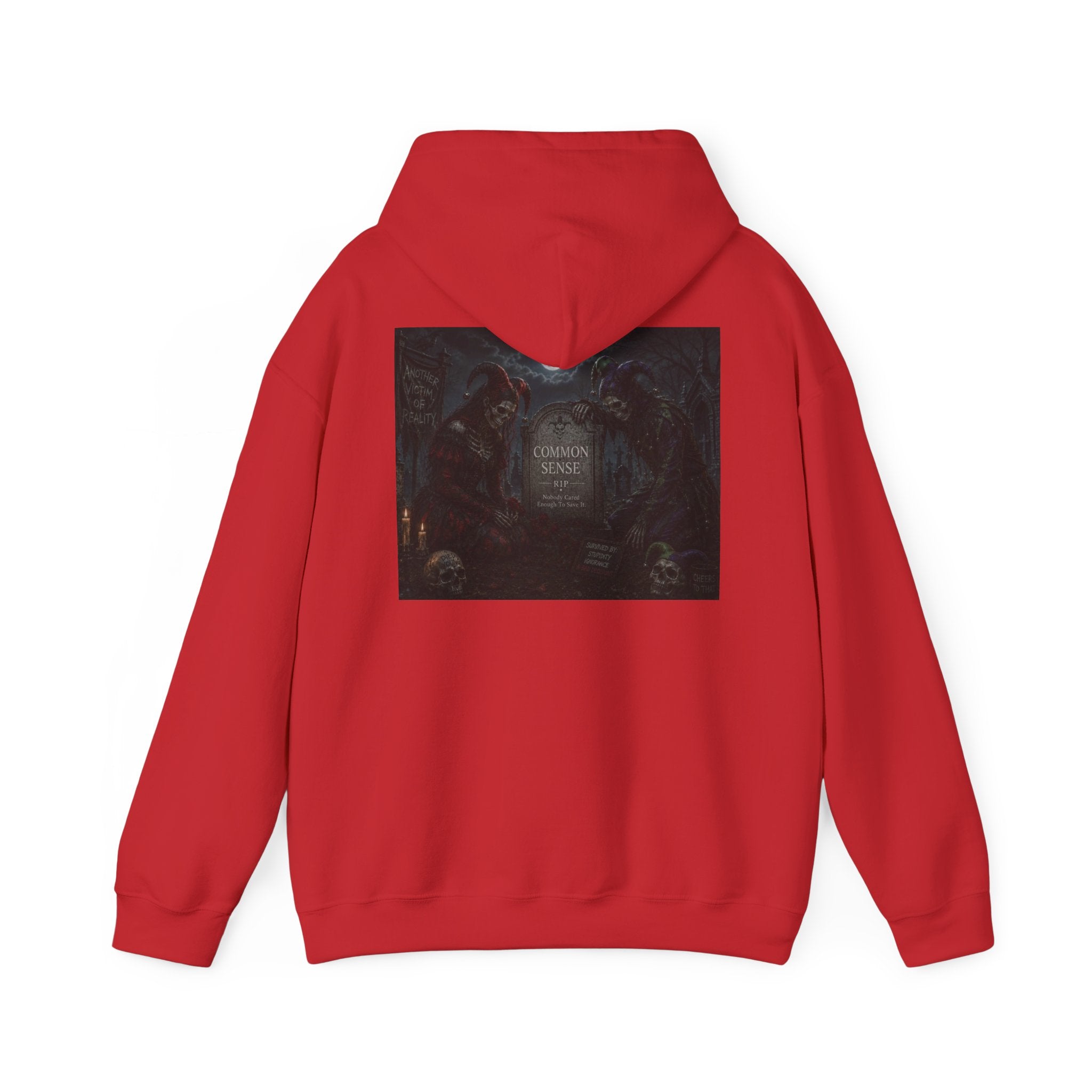 Sarcasm & Caution Hoodie — 'End of Common Sense' Skeleton Jester Duo Graphic Pullover