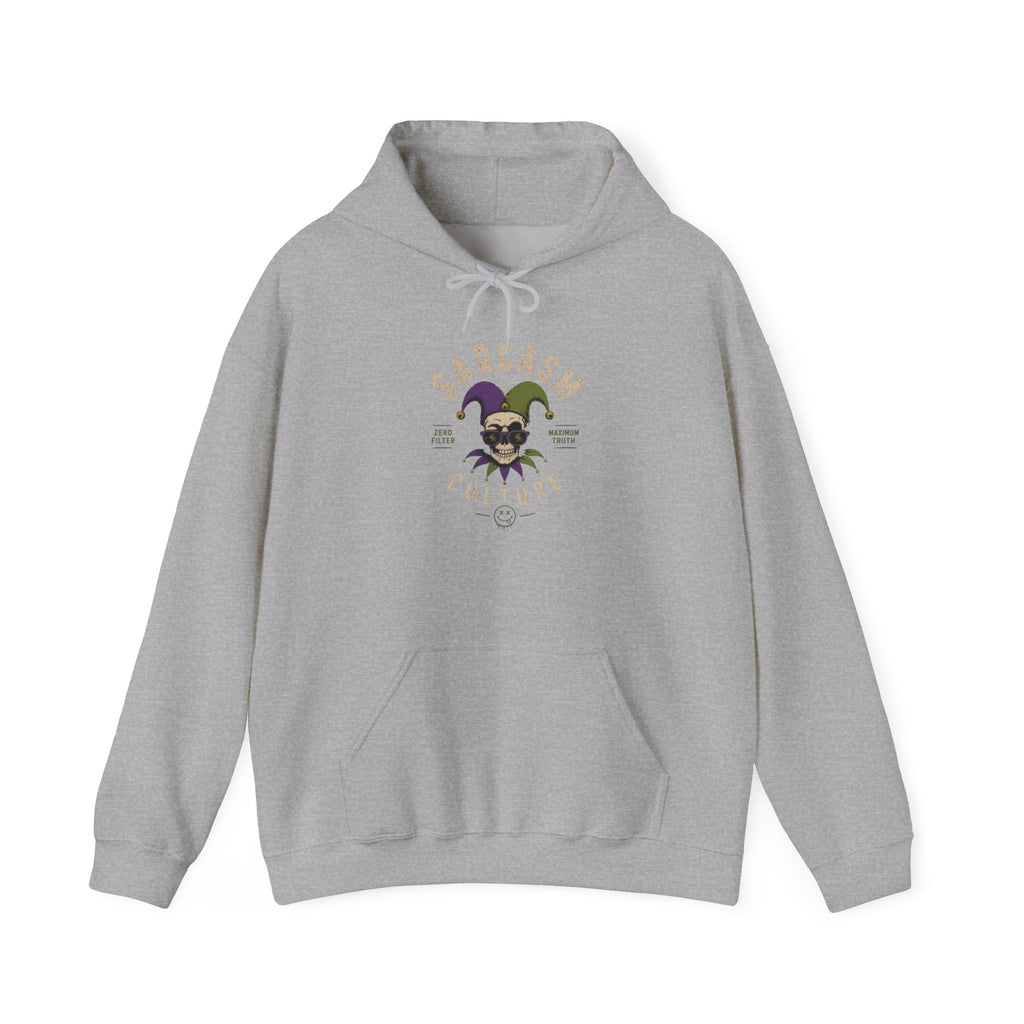 Sarcasm & Caution Hoodie — 'End of Common Sense' Skeleton Jester Duo Graphic Pullover