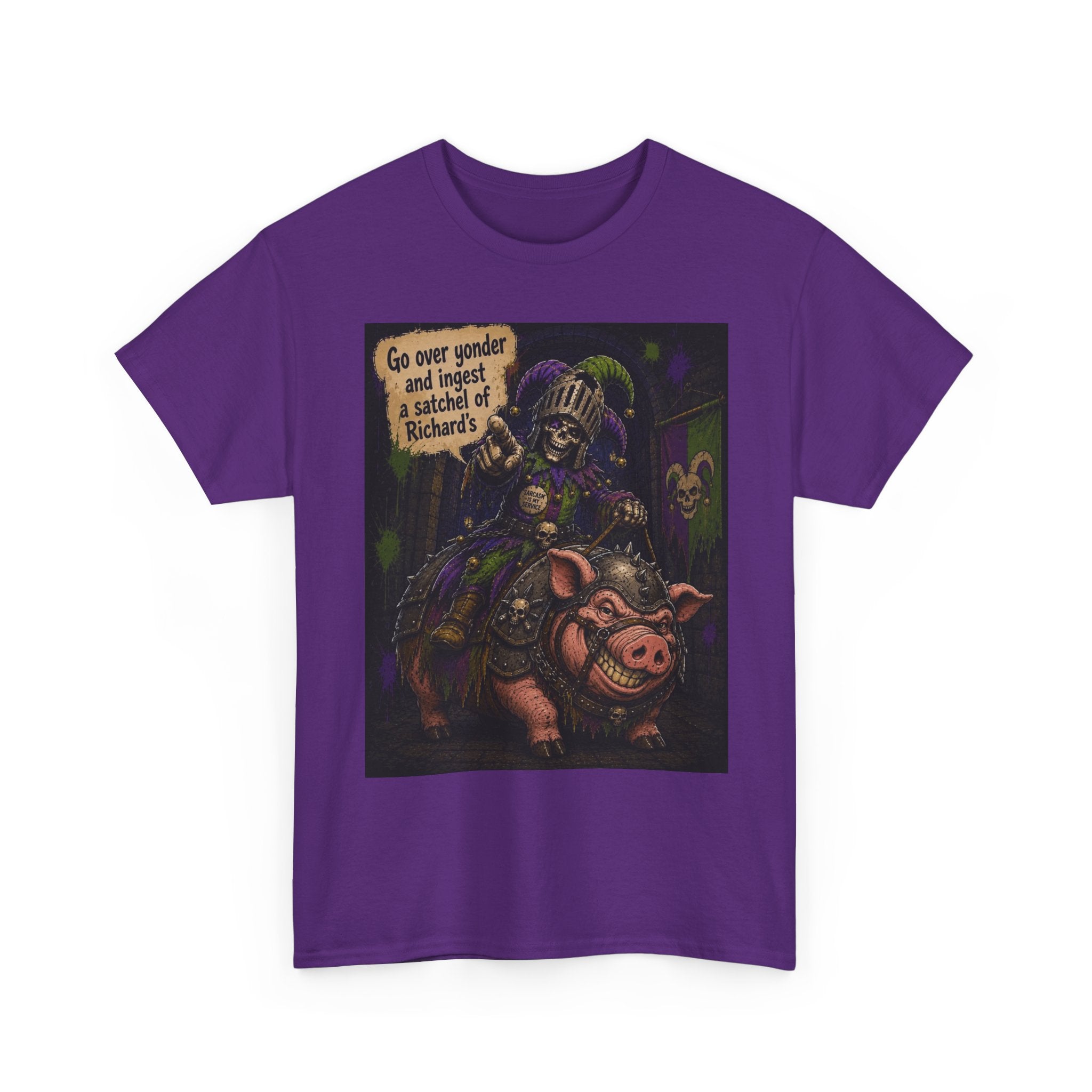 "Go Over Yonder & Ingest a School of Richards" Fantasy Skeleton Knight Riding Pig Dark Humor Graphic T-Shirt