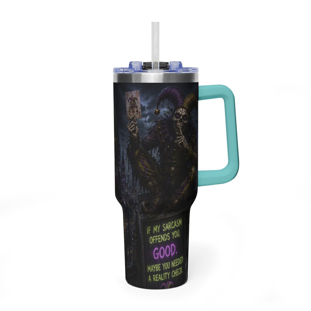 40oz The Skeleton Jester Tumbler — 'Another Day Without You Making Sense' Dark Humor Travel Mug