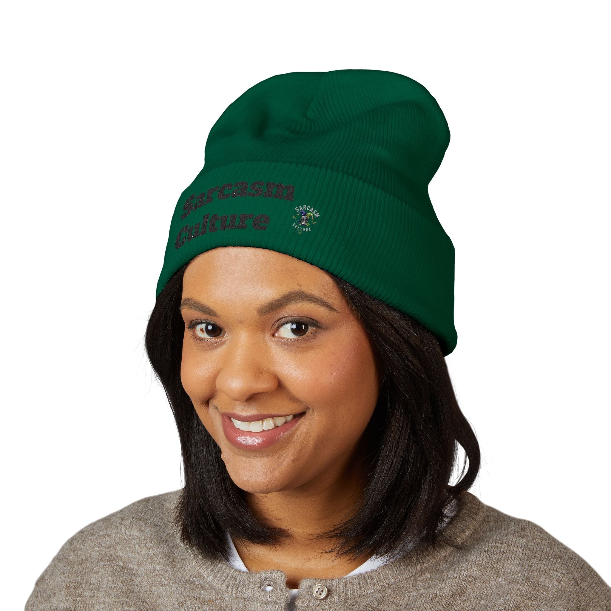 Sarcasm Culture Embroidered Cuffed Beanie — Olive Knit Winter Hat
