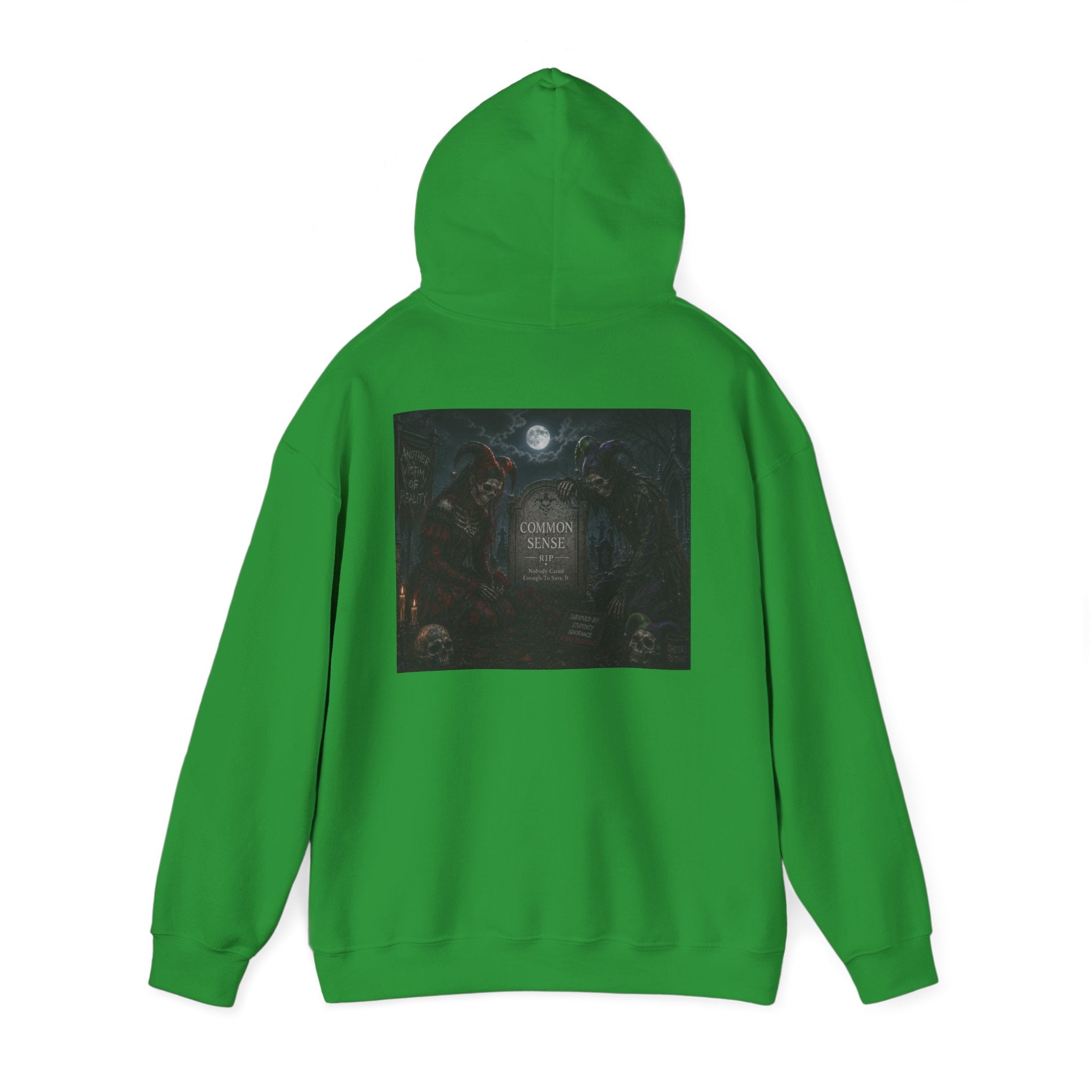 Sarcasm & Caution Hoodie — 'End of Common Sense' Skeleton Jester Duo Graphic Pullover