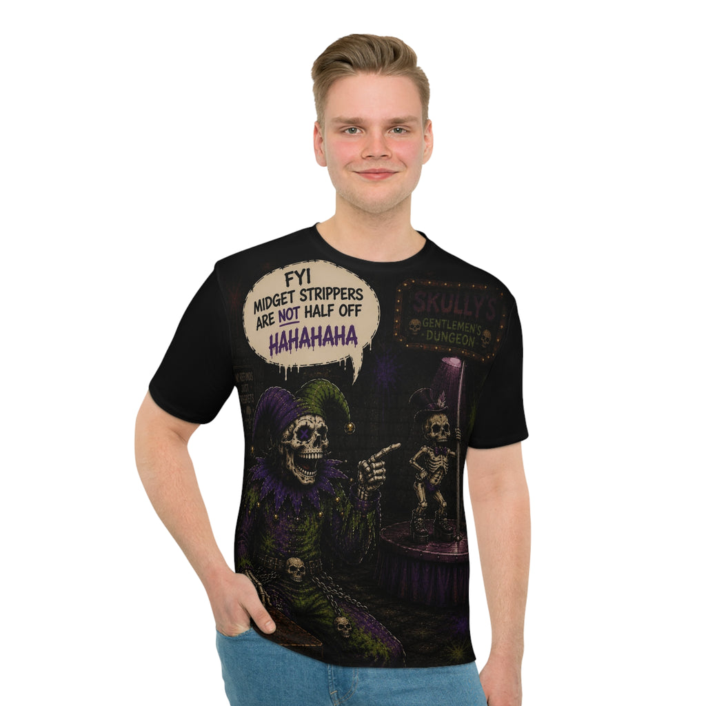 Skull Jester Tee — 'FYI Midget Strippers Are Not Half Off' Dark Humor Graphic Shirt