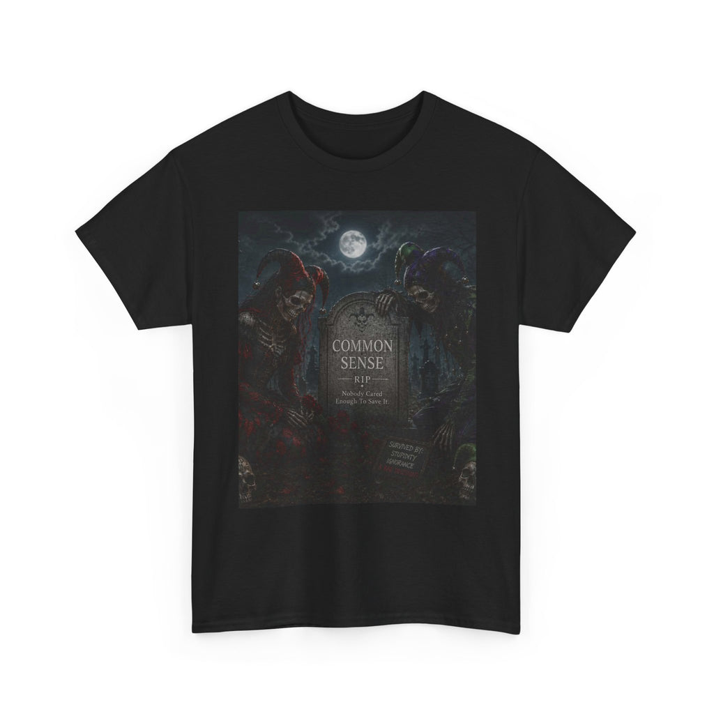 "Common Sense" Gothic Moon Dark Humor Graphic T-Shirt | Skeleton Jester