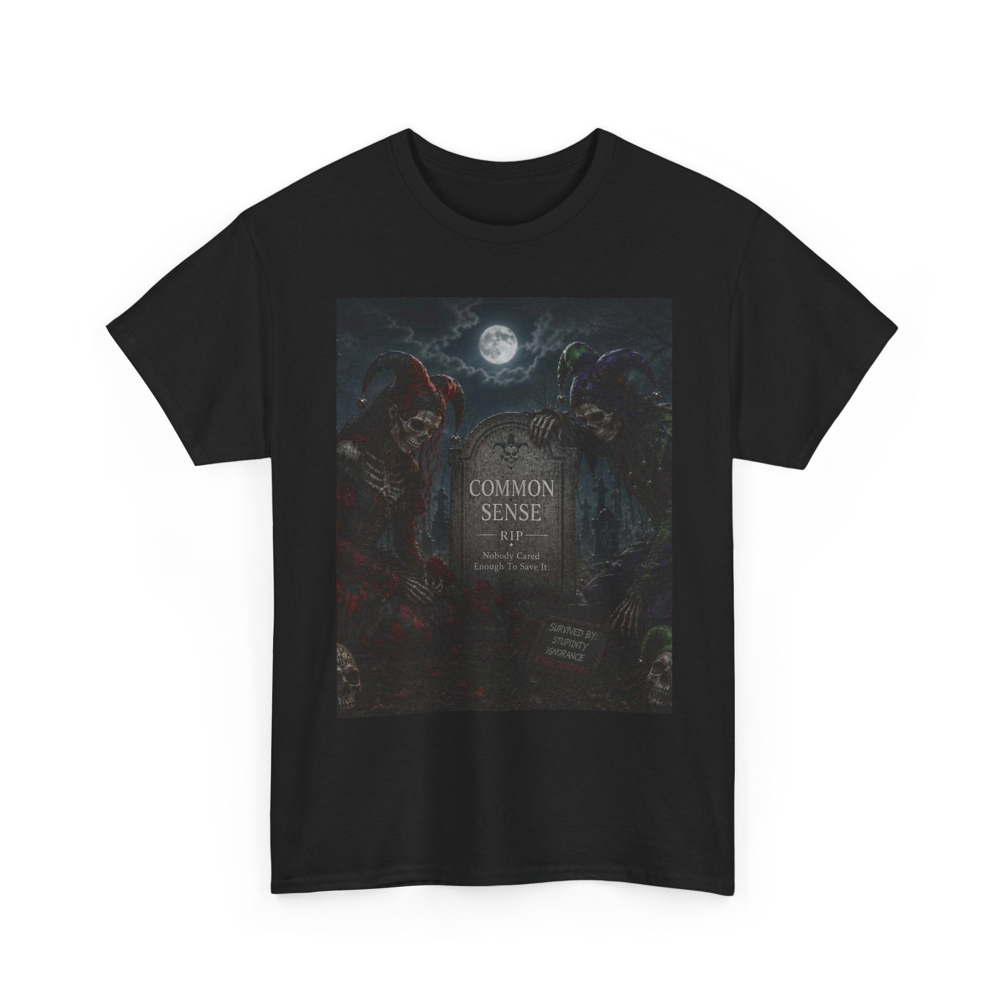 "Common Sense" Gothic Moon Dark Humor Graphic T-Shirt | Skeleton Jester