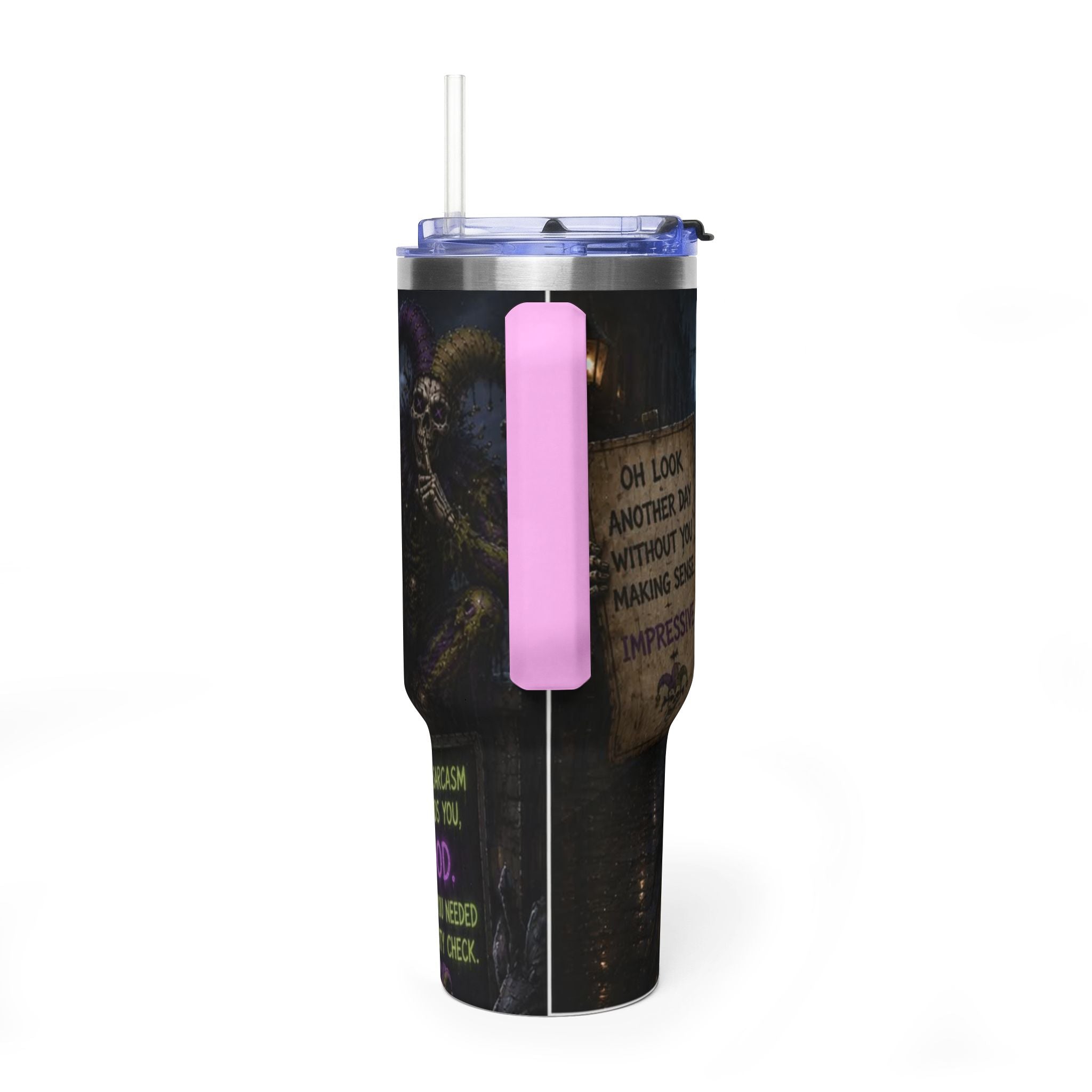 40oz The Skeleton Jester Tumbler — 'Another Day Without You Making Sense' Dark Humor Travel Mug