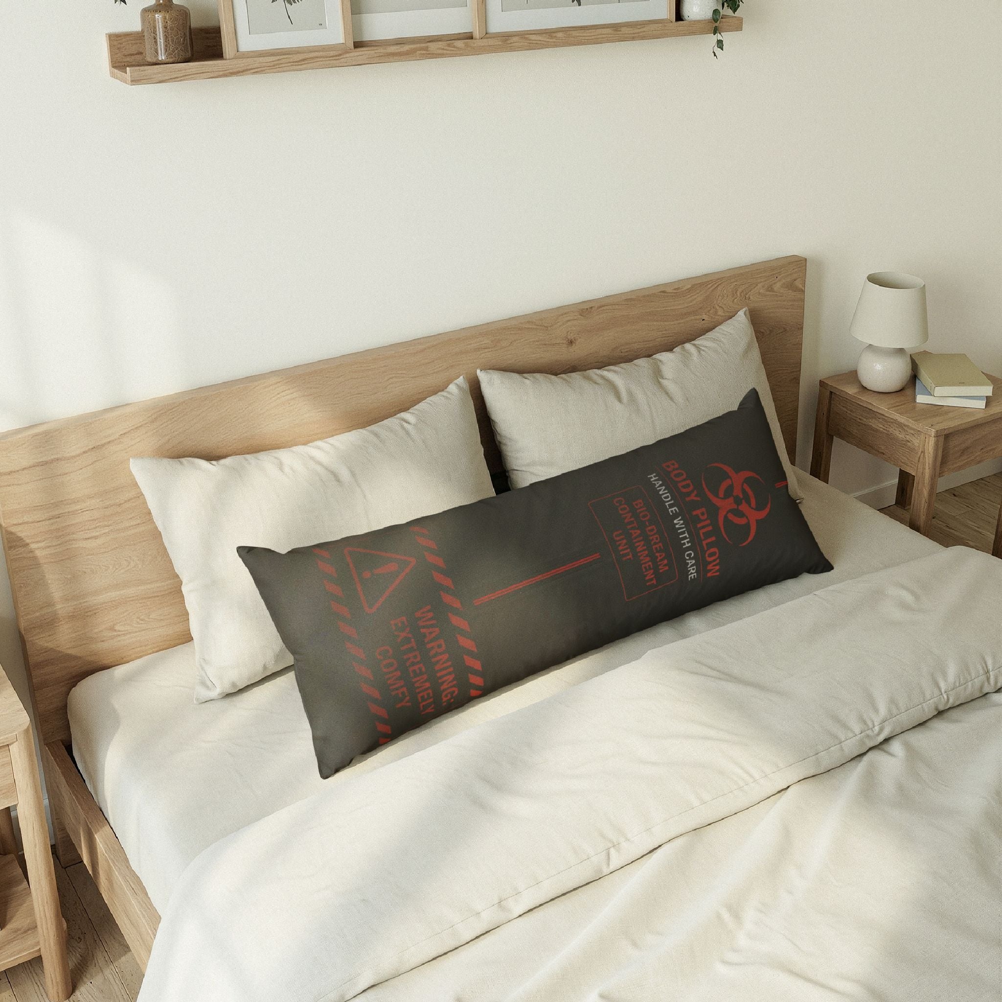 Sarcasm Culture Black Body Pillow — Biohazard Warning Graphic