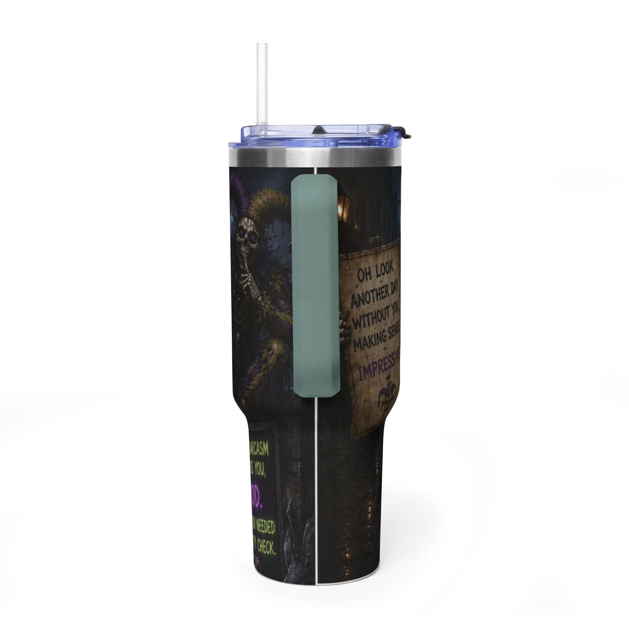 40oz The Skeleton Jester Tumbler — 'Another Day Without You Making Sense' Dark Humor Travel Mug