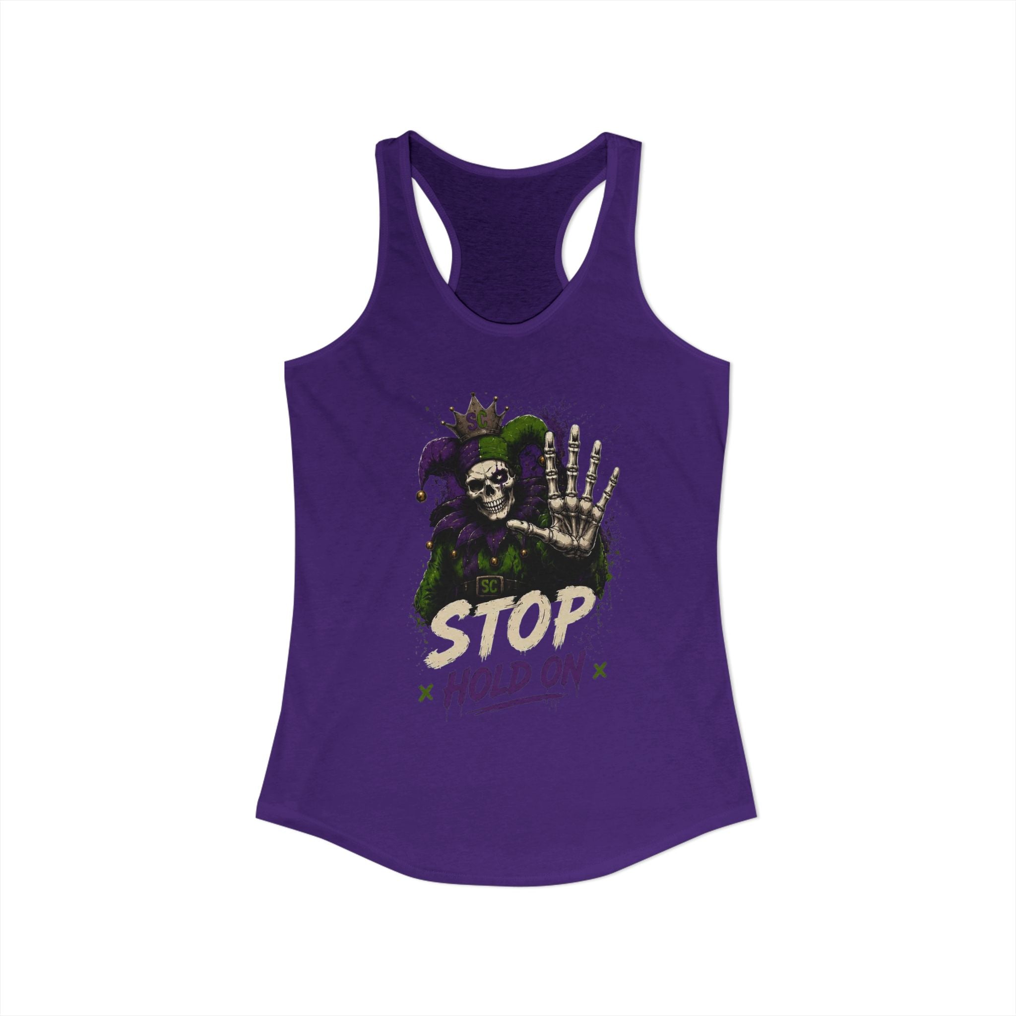 Stop Hold On Racerback Tank — 'OK Now Talk' Jester Graphic Women's Tank Top