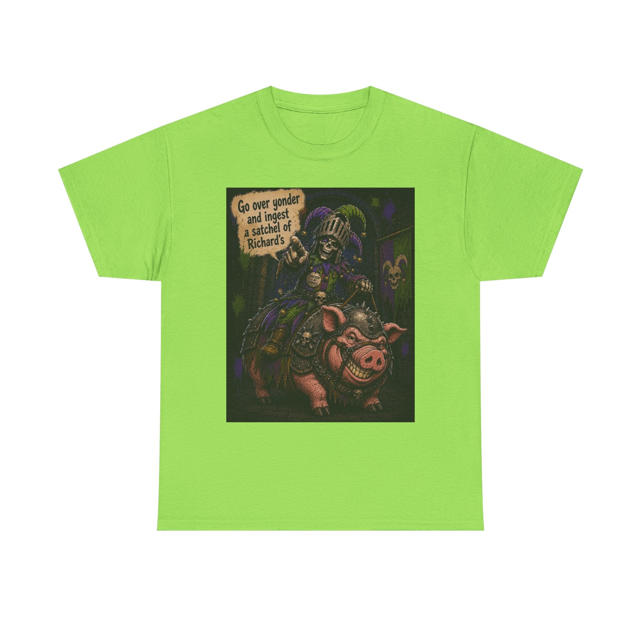 "Go Over Yonder & Ingest a School of Richards" Fantasy Skeleton Knight Riding Pig Dark Humor Graphic T-Shirt