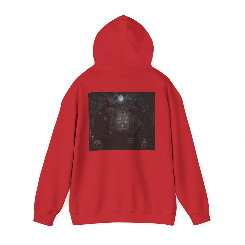 Sarcasm & Caution Hoodie — 'End of Common Sense' Skeleton Jester Duo Graphic Pullover