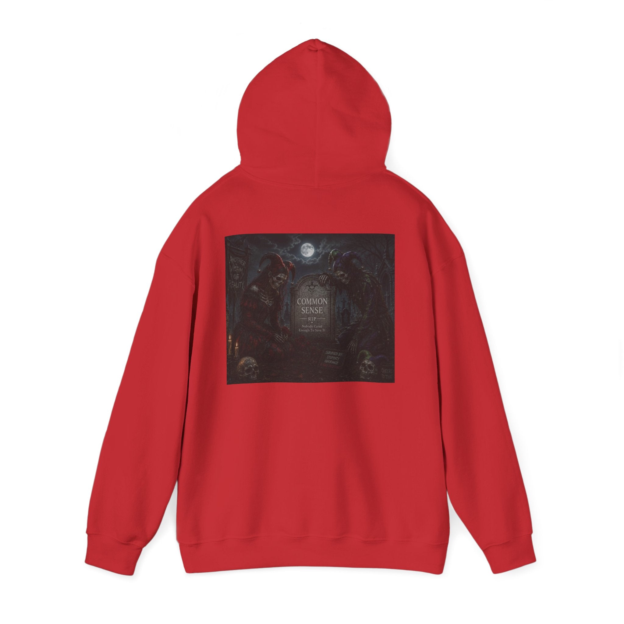 Sarcasm & Caution Hoodie — 'End of Common Sense' Skeleton Jester Duo Graphic Pullover