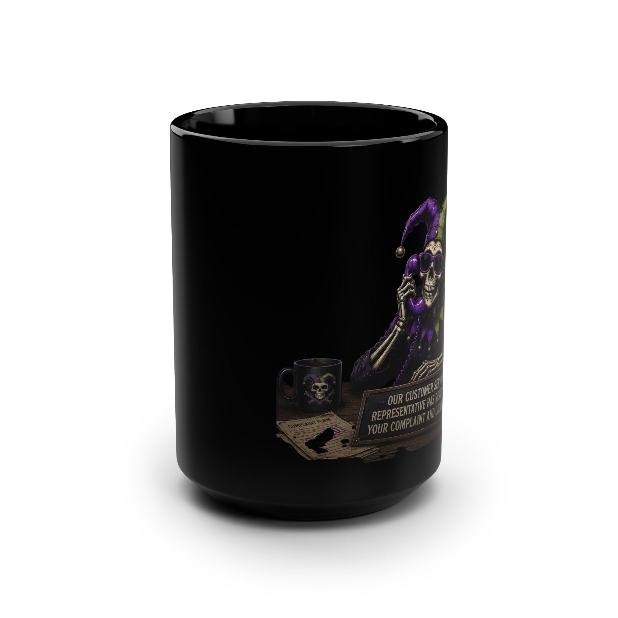 Black Ceramic Mug — Jester Skull Customer Service Design (15oz)