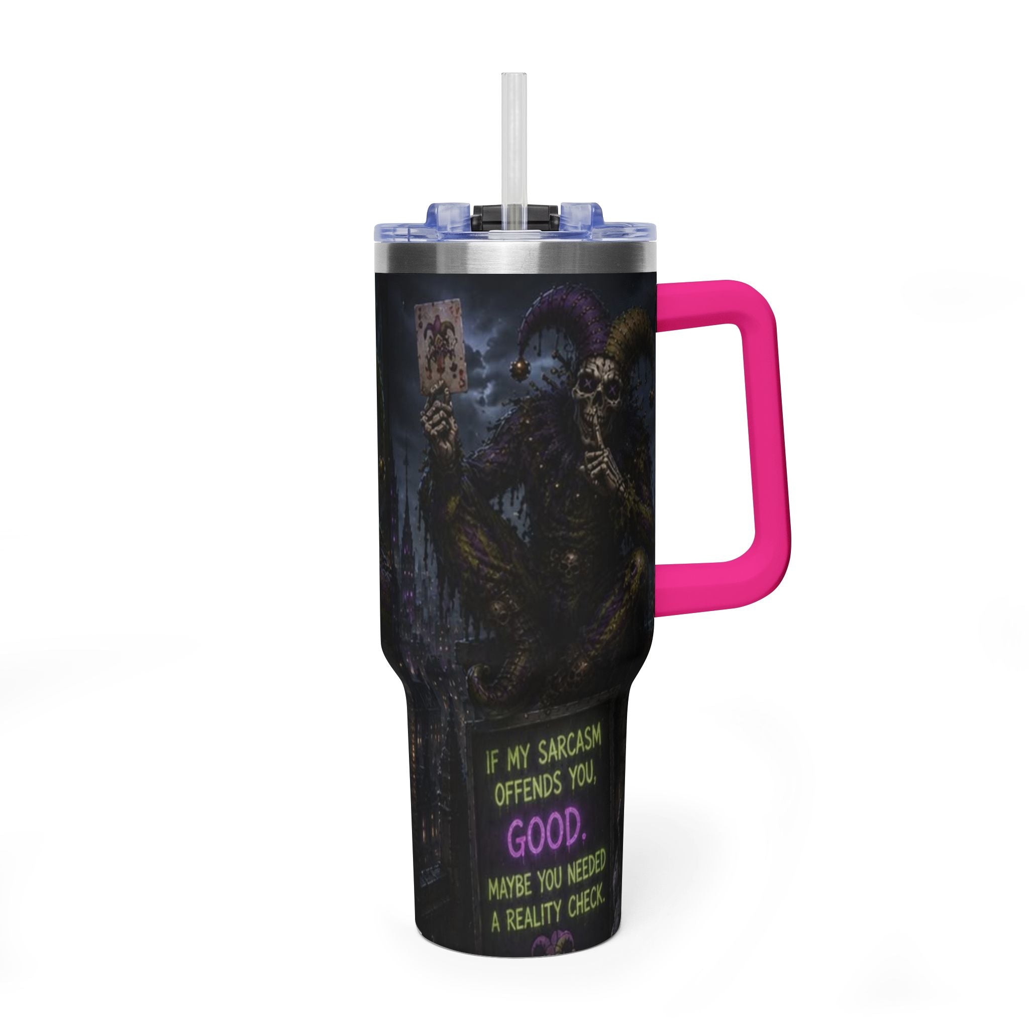 40oz The Skeleton Jester Tumbler — 'Another Day Without You Making Sense' Dark Humor Travel Mug