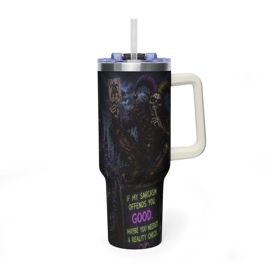 40oz The Skeleton Jester Tumbler — 'Another Day Without You Making Sense' Dark Humor Travel Mug
