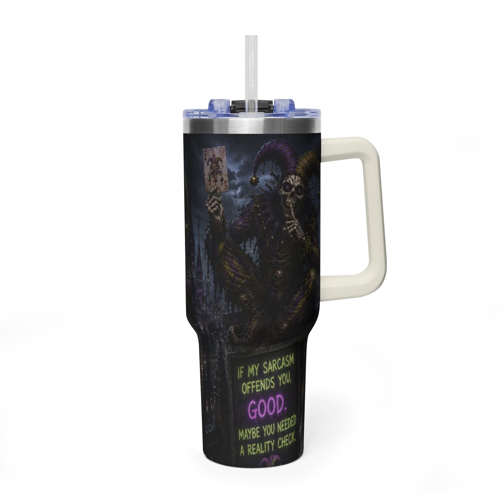 40oz The Skeleton Jester Tumbler — 'Another Day Without You Making Sense' Dark Humor Travel Mug