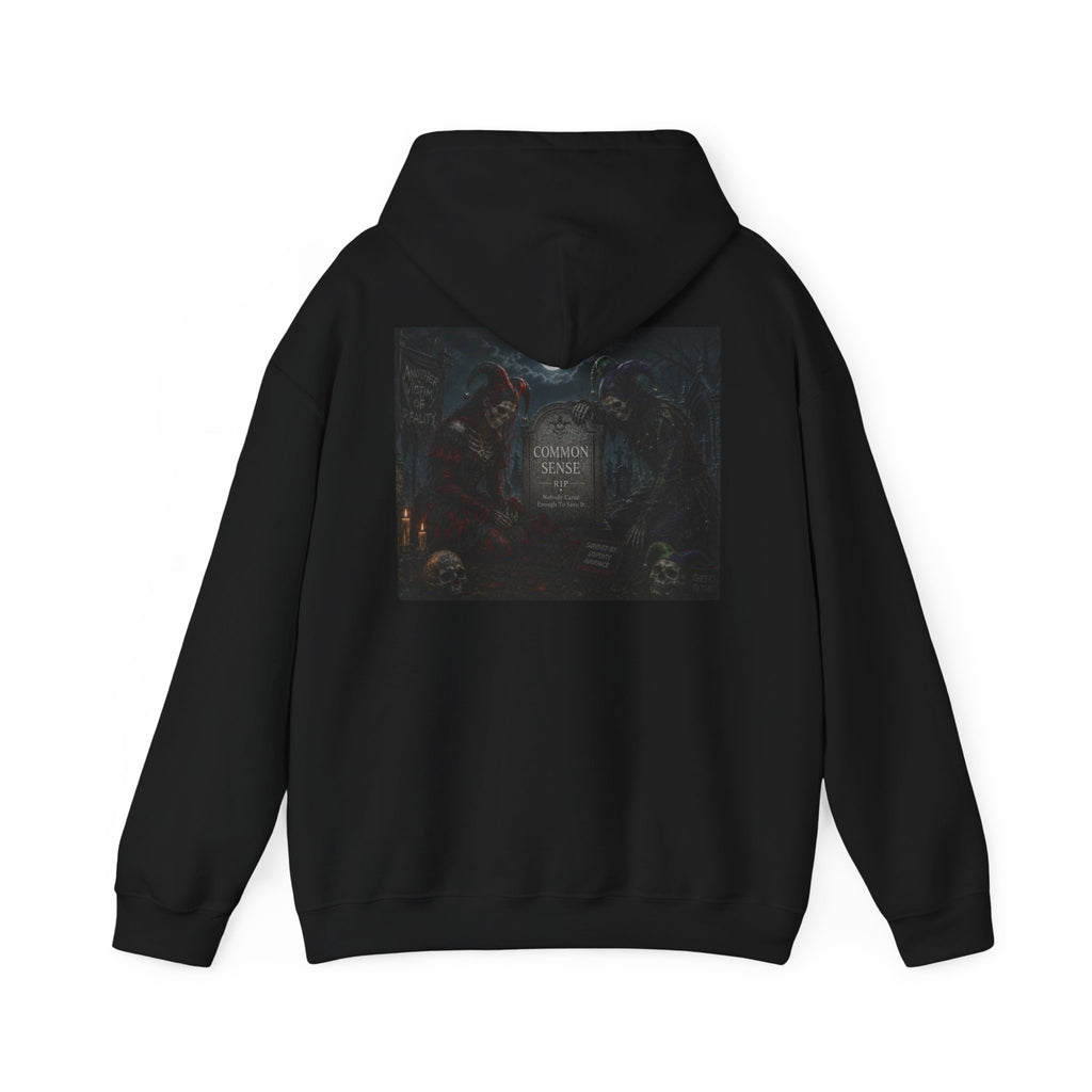 Sarcasm & Caution Hoodie — 'End of Common Sense' Skeleton Jester Duo Graphic Pullover