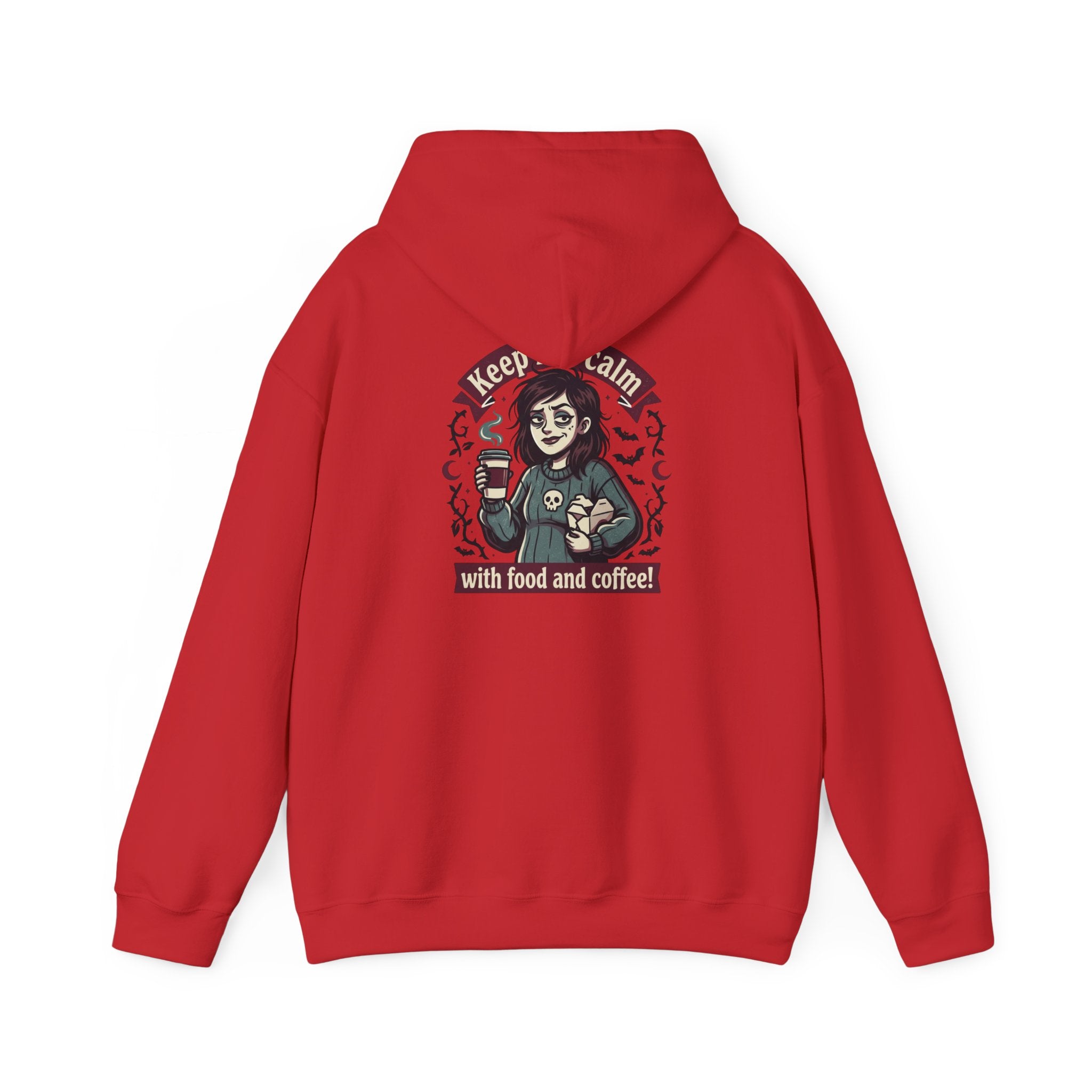 Sarcasm & Caffeine Hoodie — 'Keep Calm with Food and Coffee' Skeleton Jester Graphic Sweatshirt