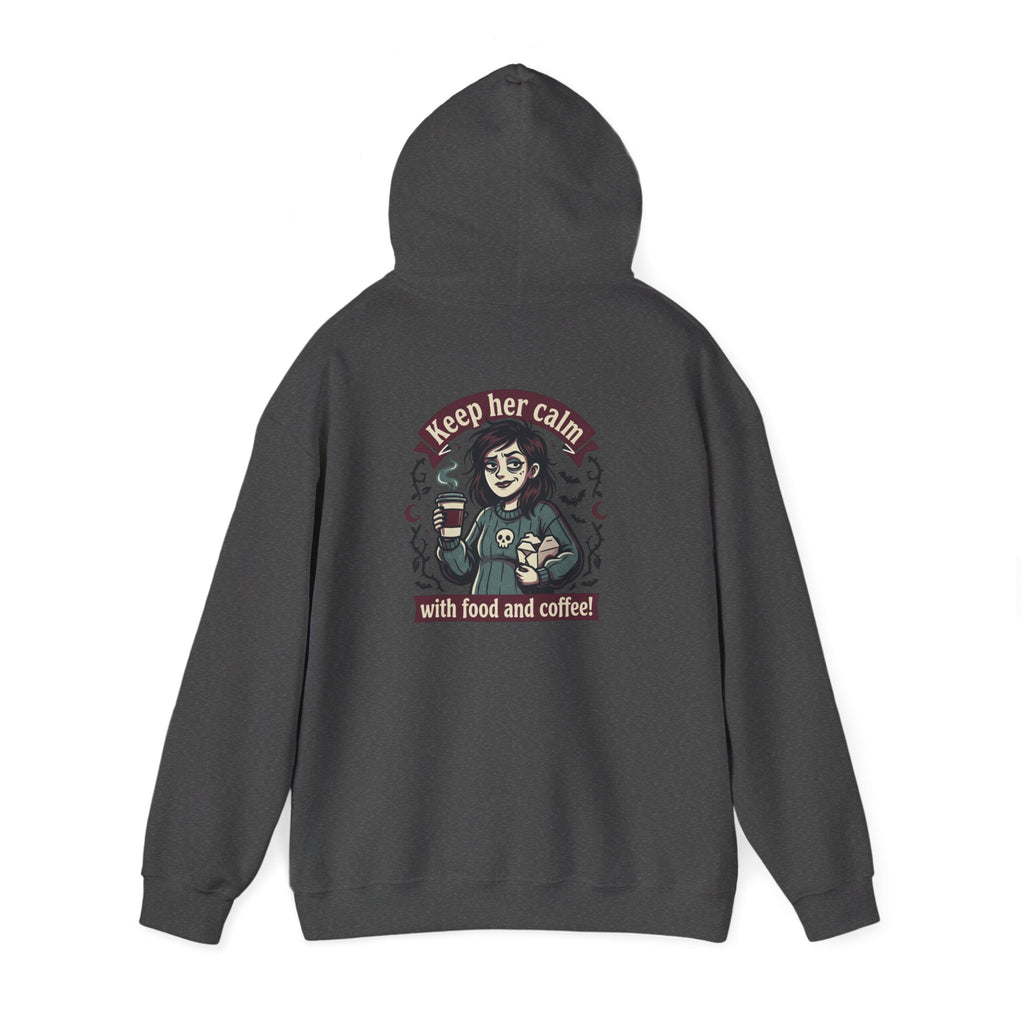 Sarcasm & Caffeine Hoodie — 'Keep Calm with Food and Coffee' Skeleton Jester Graphic Sweatshirt