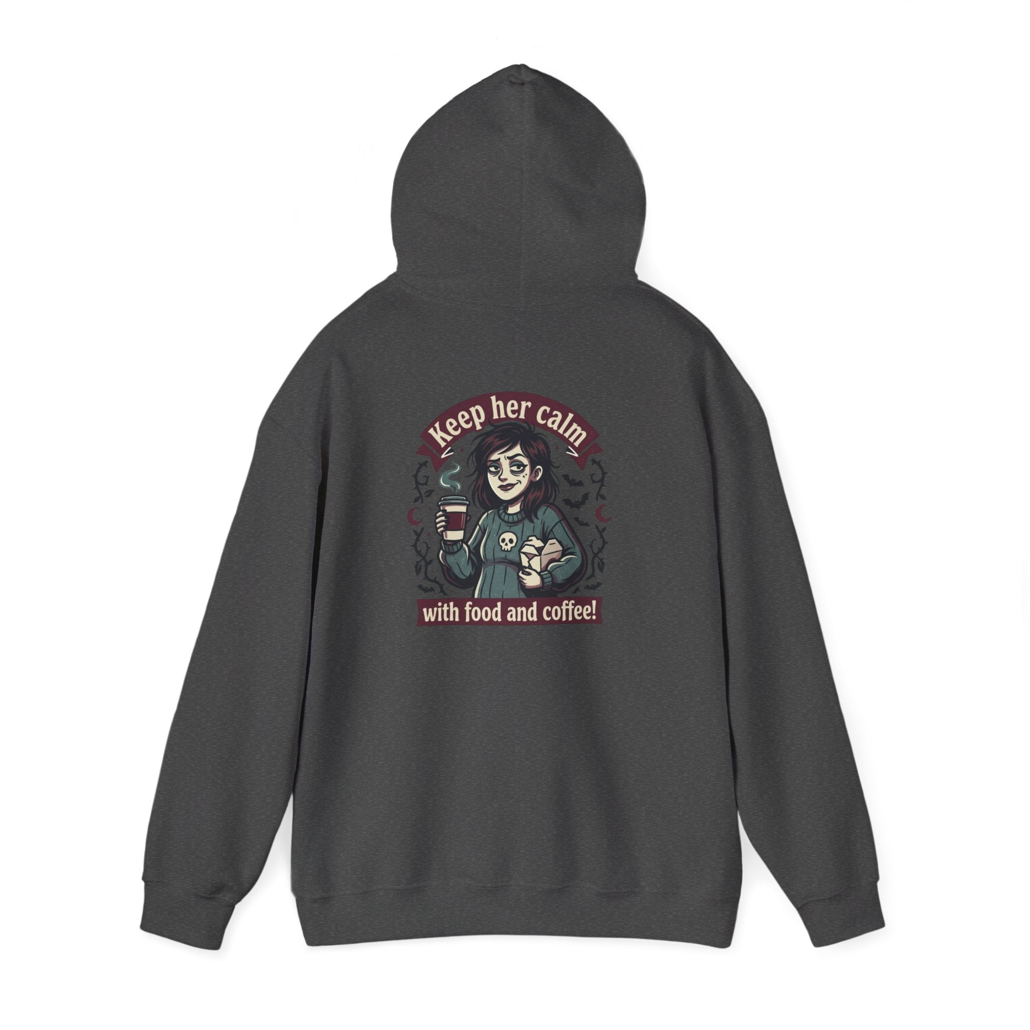 Sarcasm & Caffeine Hoodie — 'Keep Calm with Food and Coffee' Skeleton Jester Graphic Sweatshirt
