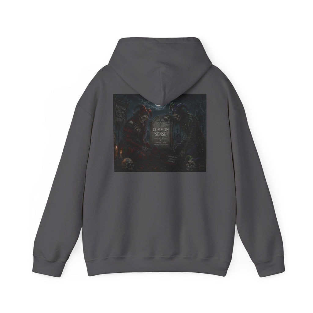 Sarcasm & Caution Hoodie — 'End of Common Sense' Skeleton Jester Duo Graphic Pullover