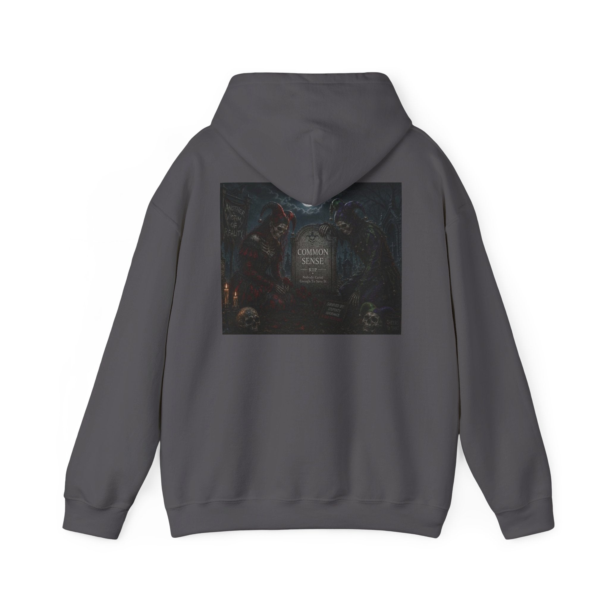 Sarcasm & Caution Hoodie — 'End of Common Sense' Skeleton Jester Duo Graphic Pullover