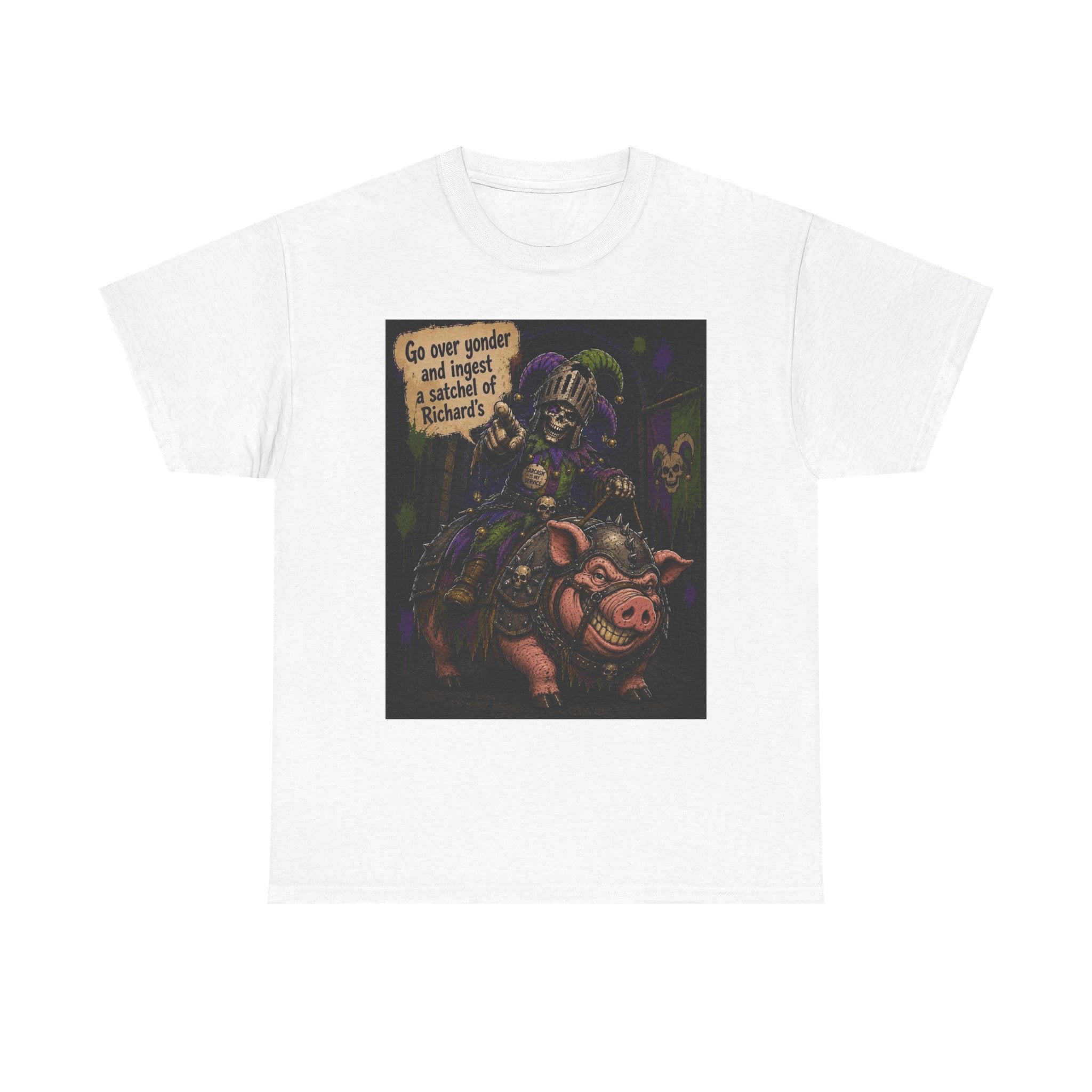 "Go Over Yonder & Ingest a School of Richards" Fantasy Skeleton Knight Riding Pig Dark Humor Graphic T-Shirt