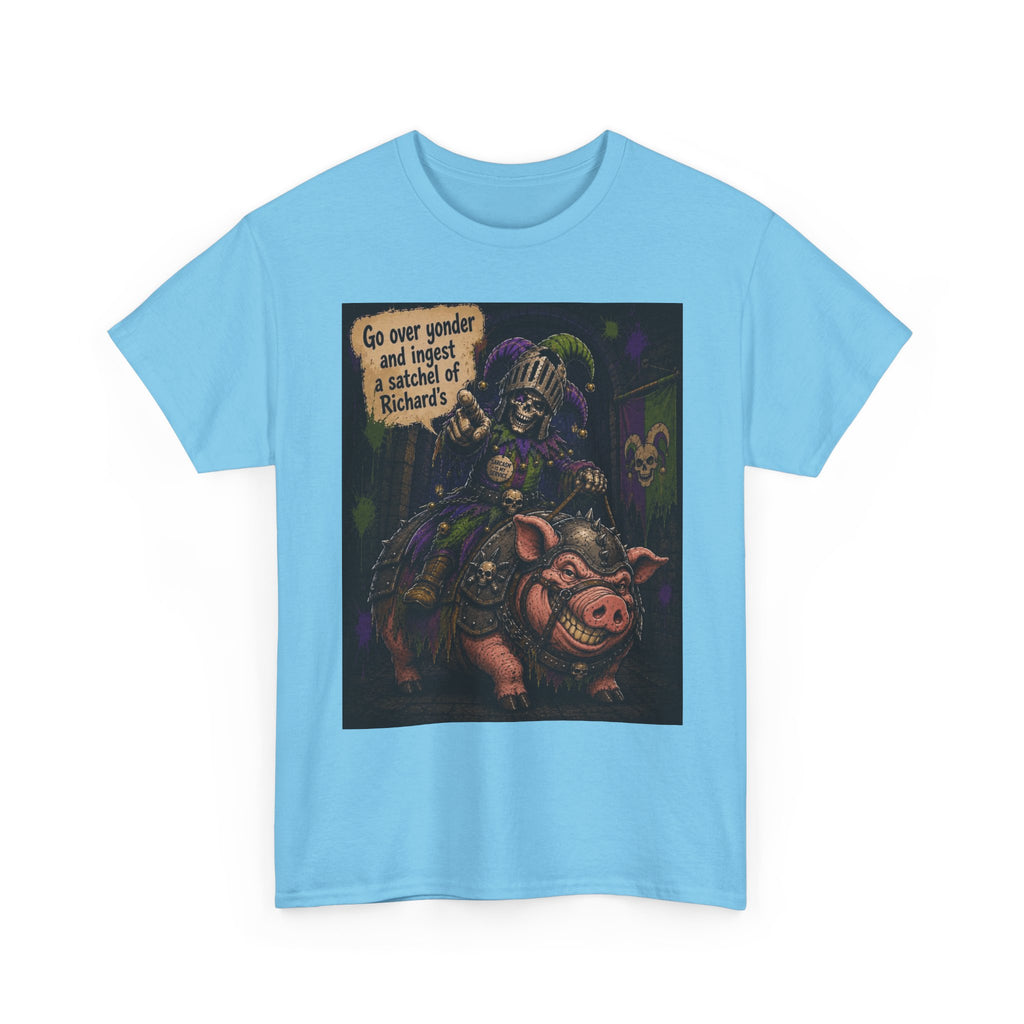 "Go Over Yonder & Ingest a School of Richards" Fantasy Skeleton Knight Riding Pig Dark Humor Graphic T-Shirt