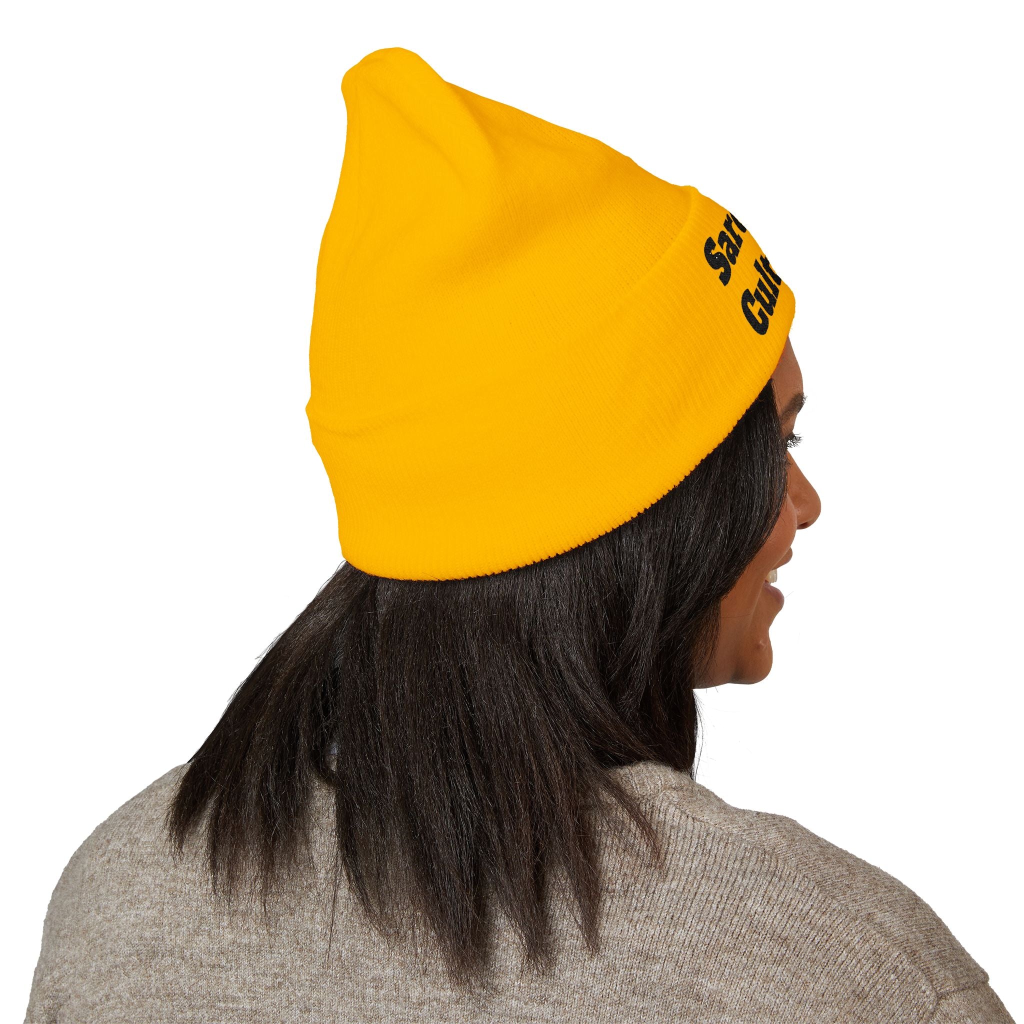 Sarcasm Culture Embroidered Cuffed Beanie — Olive Knit Winter Hat