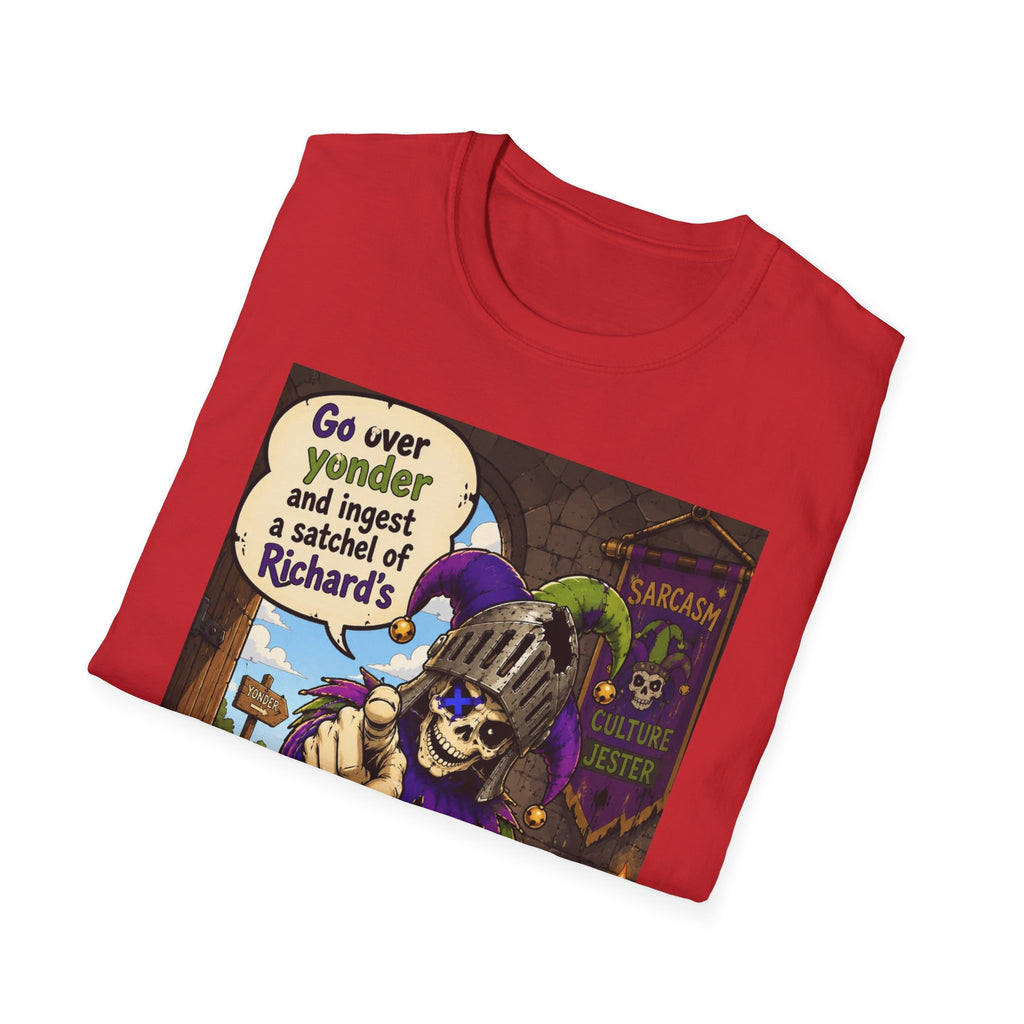 Funny Medieval Skeleton T‑Shirt – 'Go over yonder and ingest a satchel of Richard's' Graphic Tee