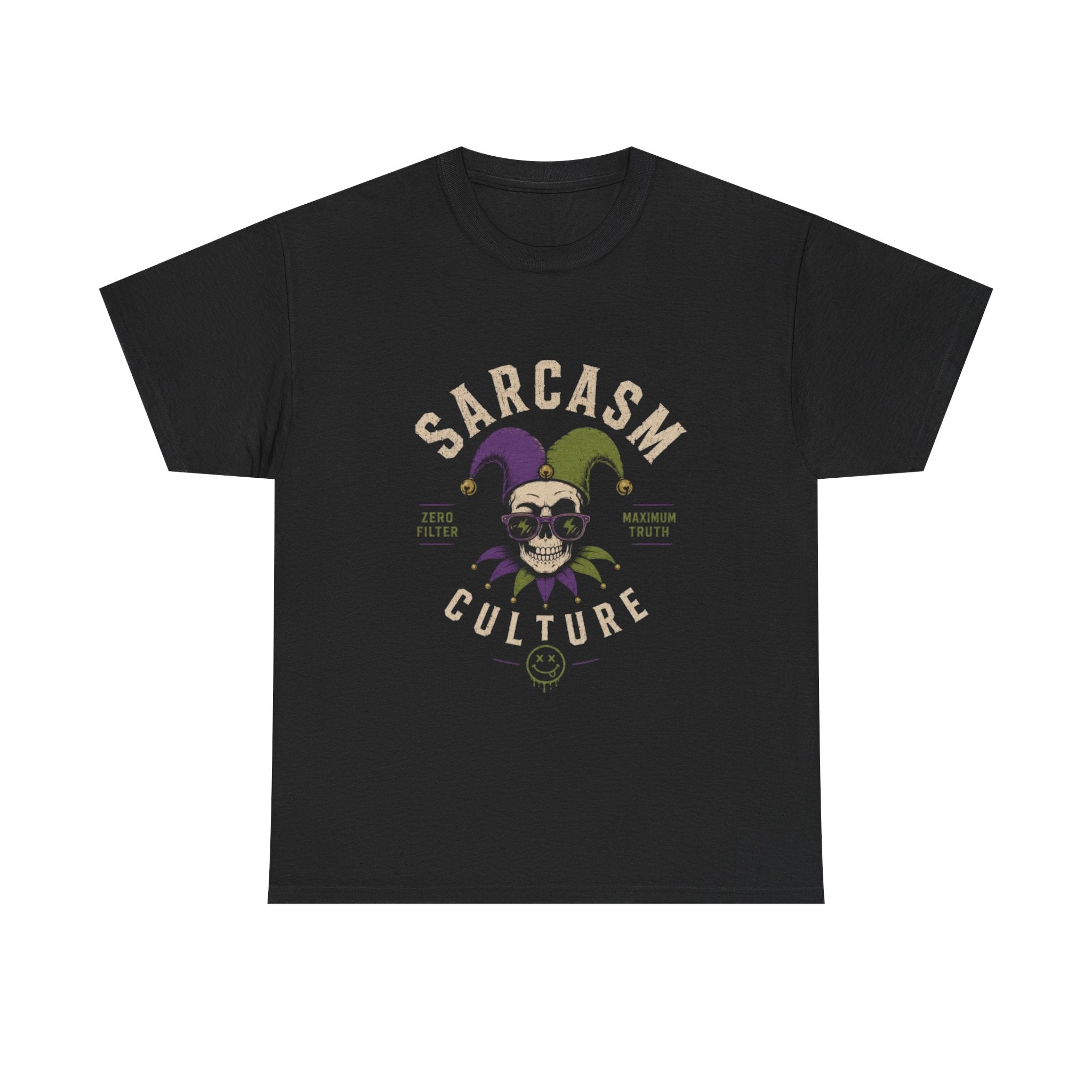 Sarcasm Culture Jester Tee — Skeleton Jester Emblem Dark Humor Graphic T-Shirt