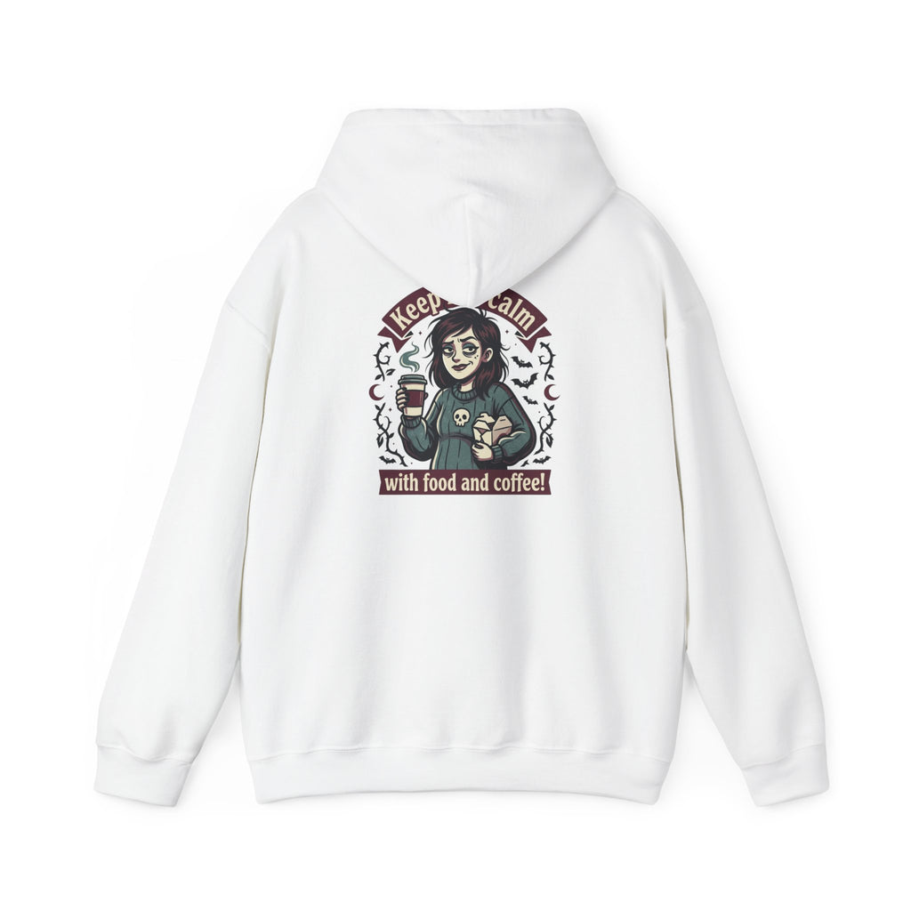Sarcasm & Caffeine Hoodie — 'Keep Calm with Food and Coffee' Skeleton Jester Graphic Sweatshirt