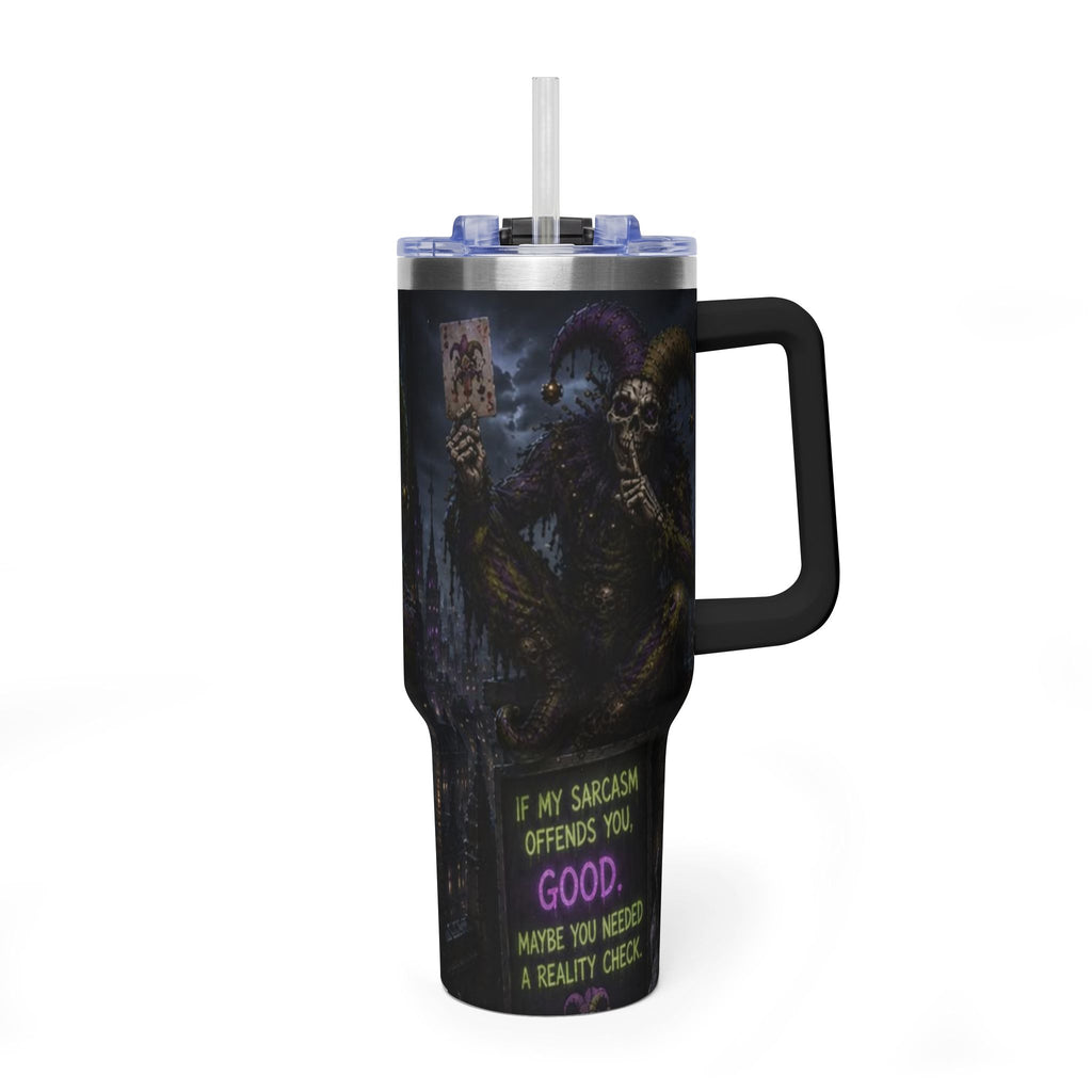 40oz The Skeleton Jester Tumbler — 'Another Day Without You Making Sense' Dark Humor Travel Mug