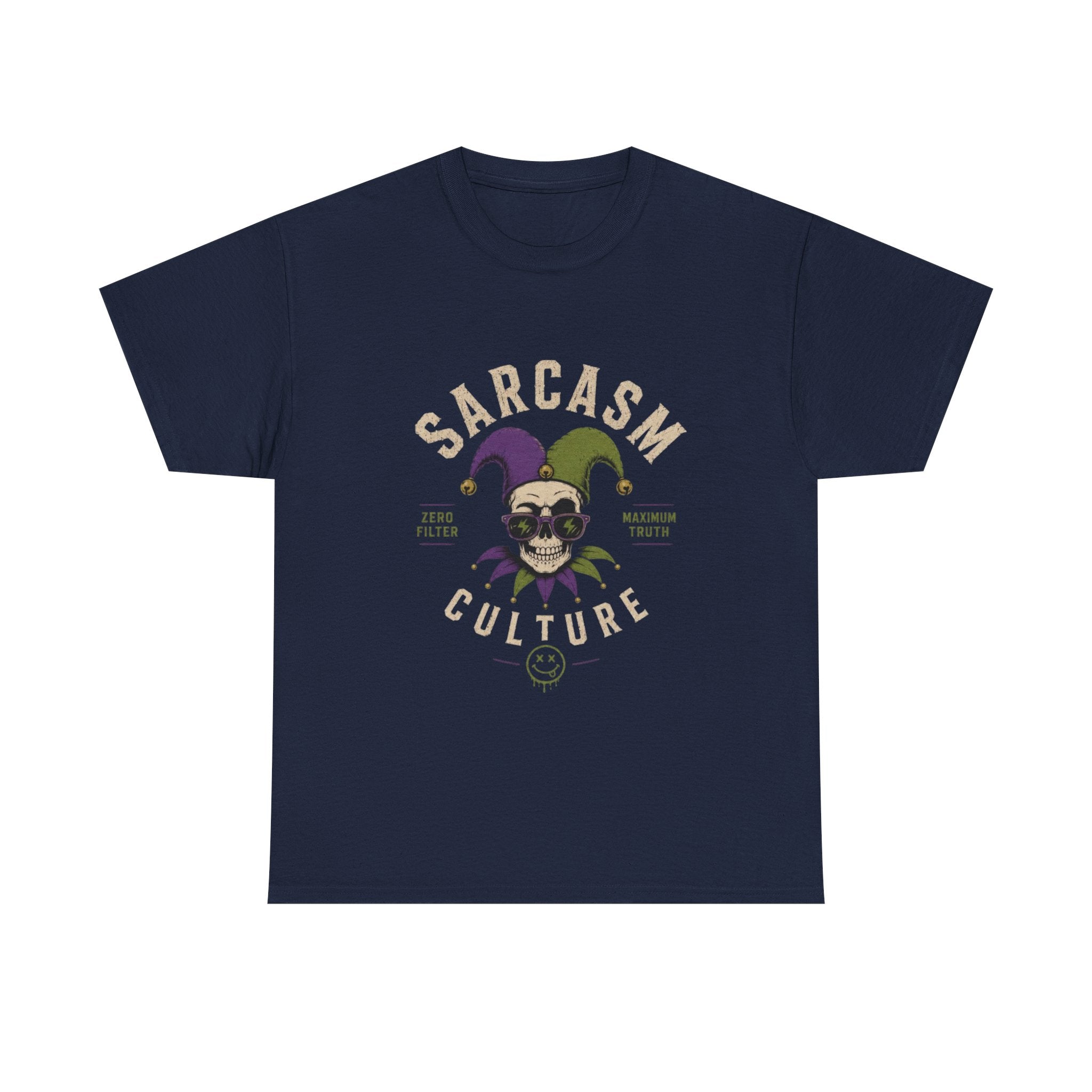 Sarcasm Culture Jester Tee — Skeleton Jester Emblem Dark Humor Graphic T-Shirt