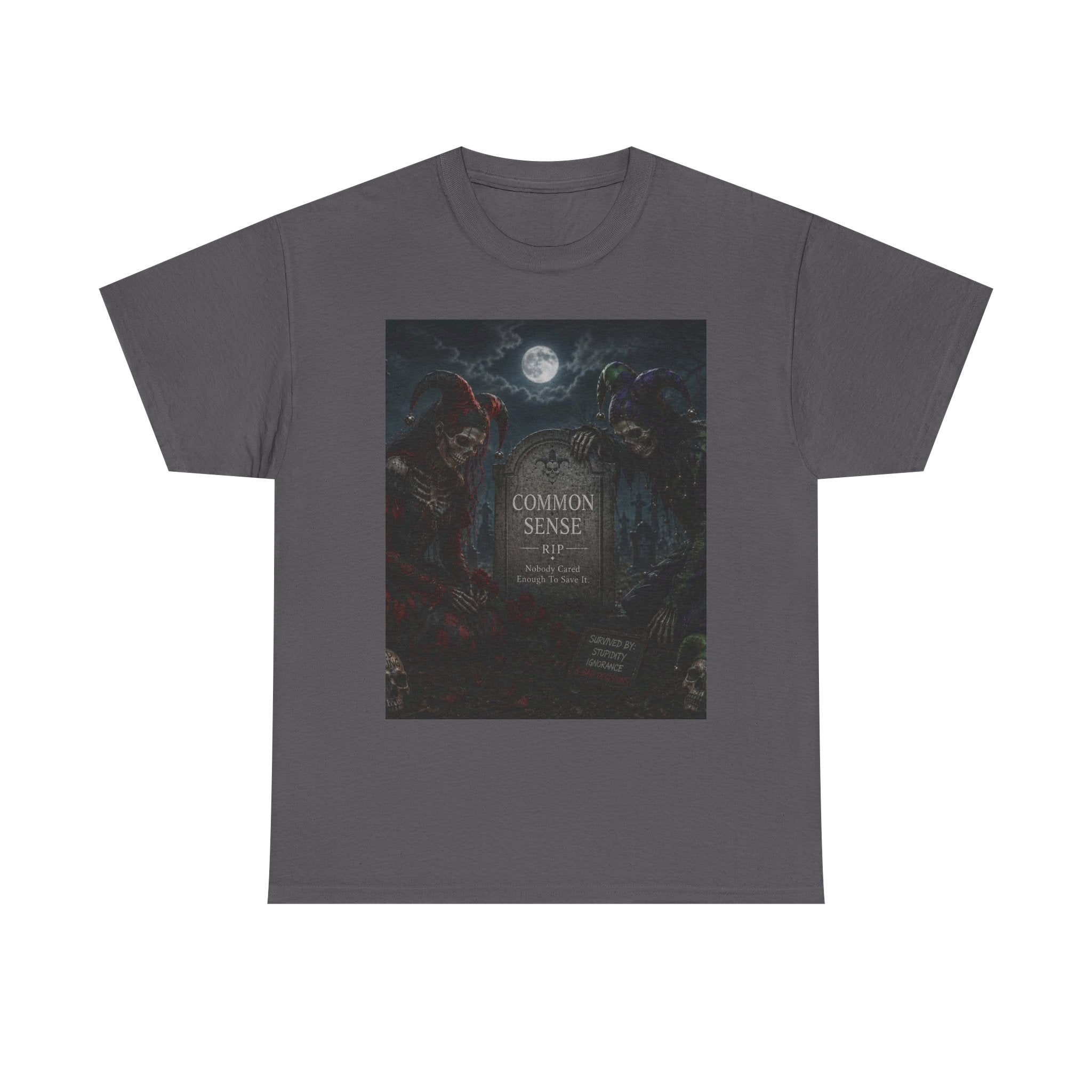 "Common Sense" Gothic Moon Dark Humor Graphic T-Shirt | Skeleton Jester