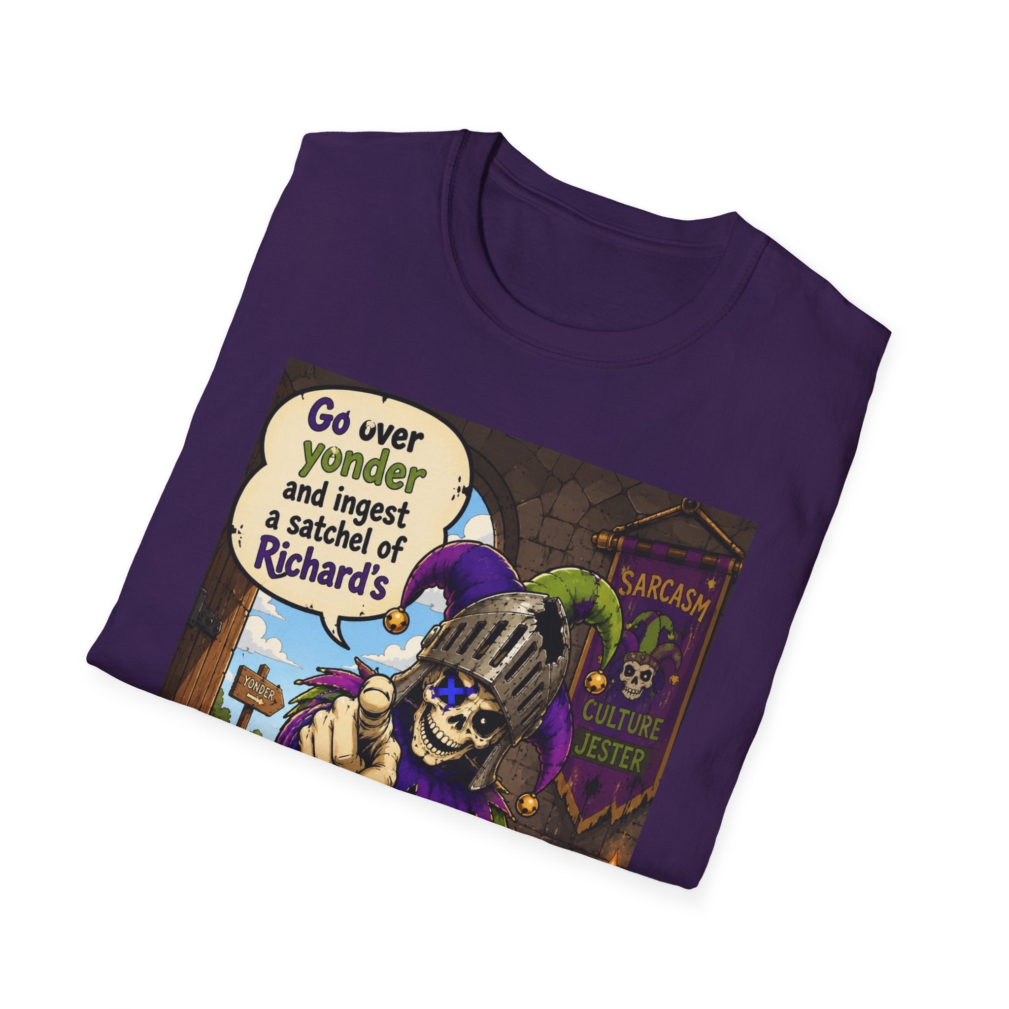 Funny Medieval Skeleton T‑Shirt – 'Go over yonder and ingest a satchel of Richard's' Graphic Tee