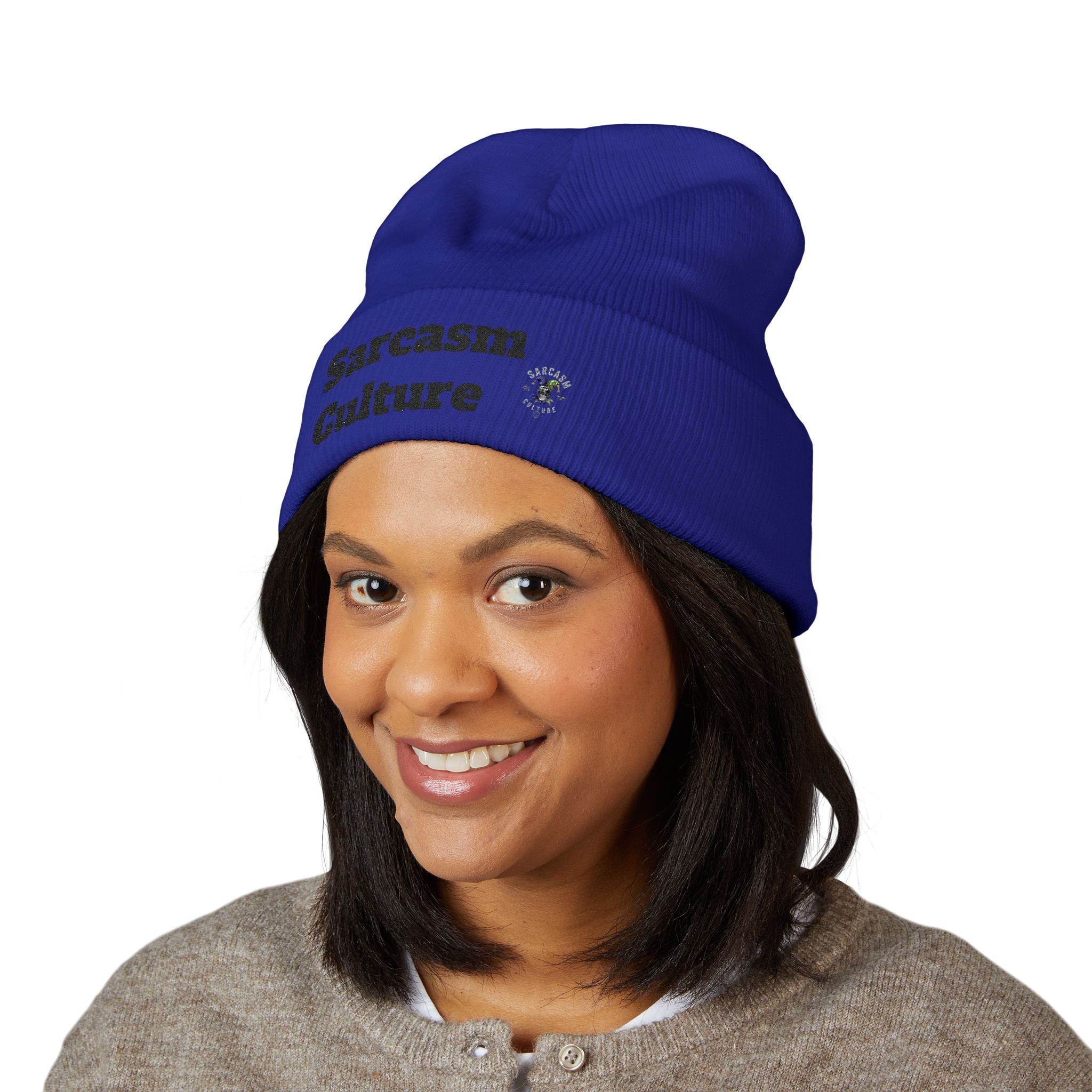 Sarcasm Culture Embroidered Cuffed Beanie — Olive Knit Winter Hat