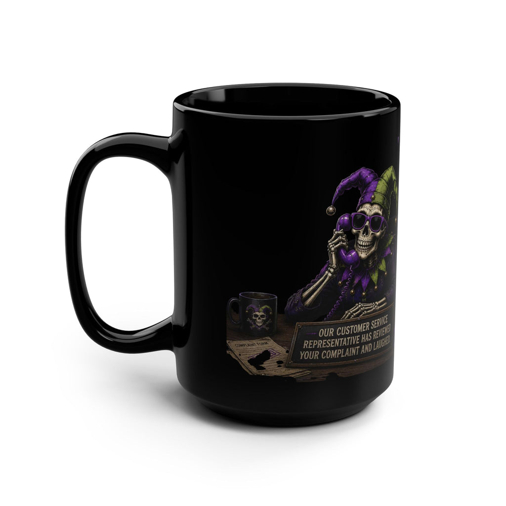 Black Ceramic Mug — Jester Skull Customer Service Design (15oz)