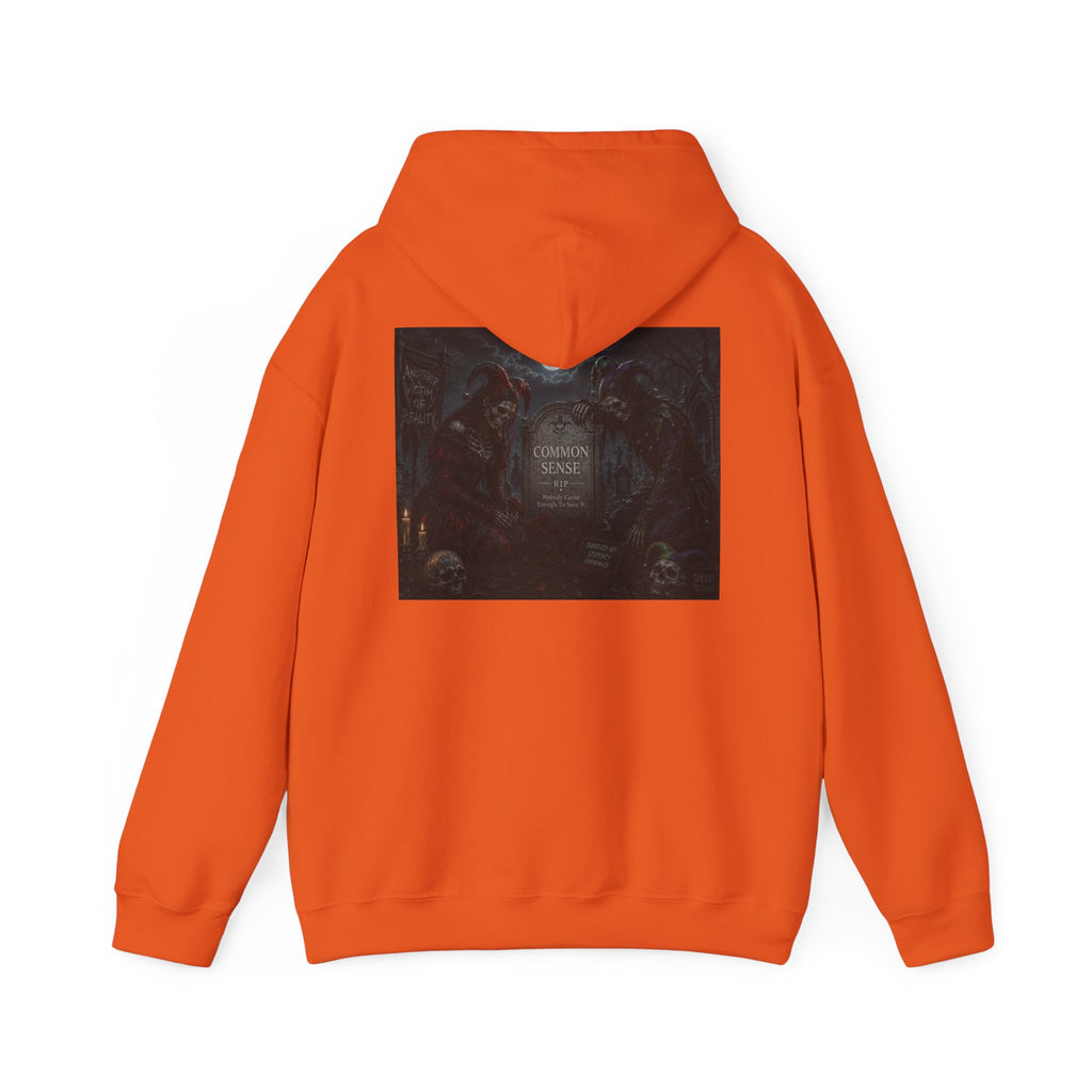 Sarcasm & Caution Hoodie — 'End of Common Sense' Skeleton Jester Duo Graphic Pullover