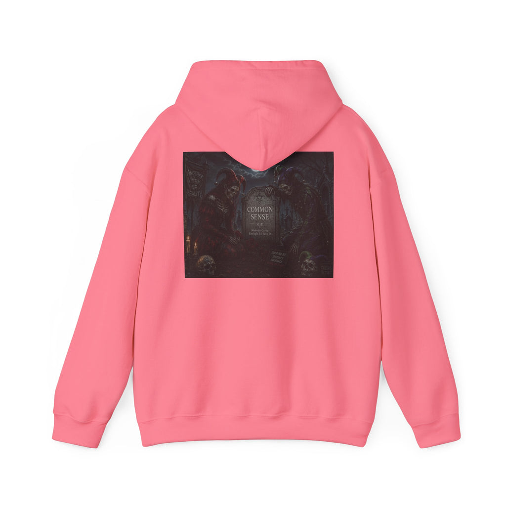 Sarcasm & Caution Hoodie — 'End of Common Sense' Skeleton Jester Duo Graphic Pullover
