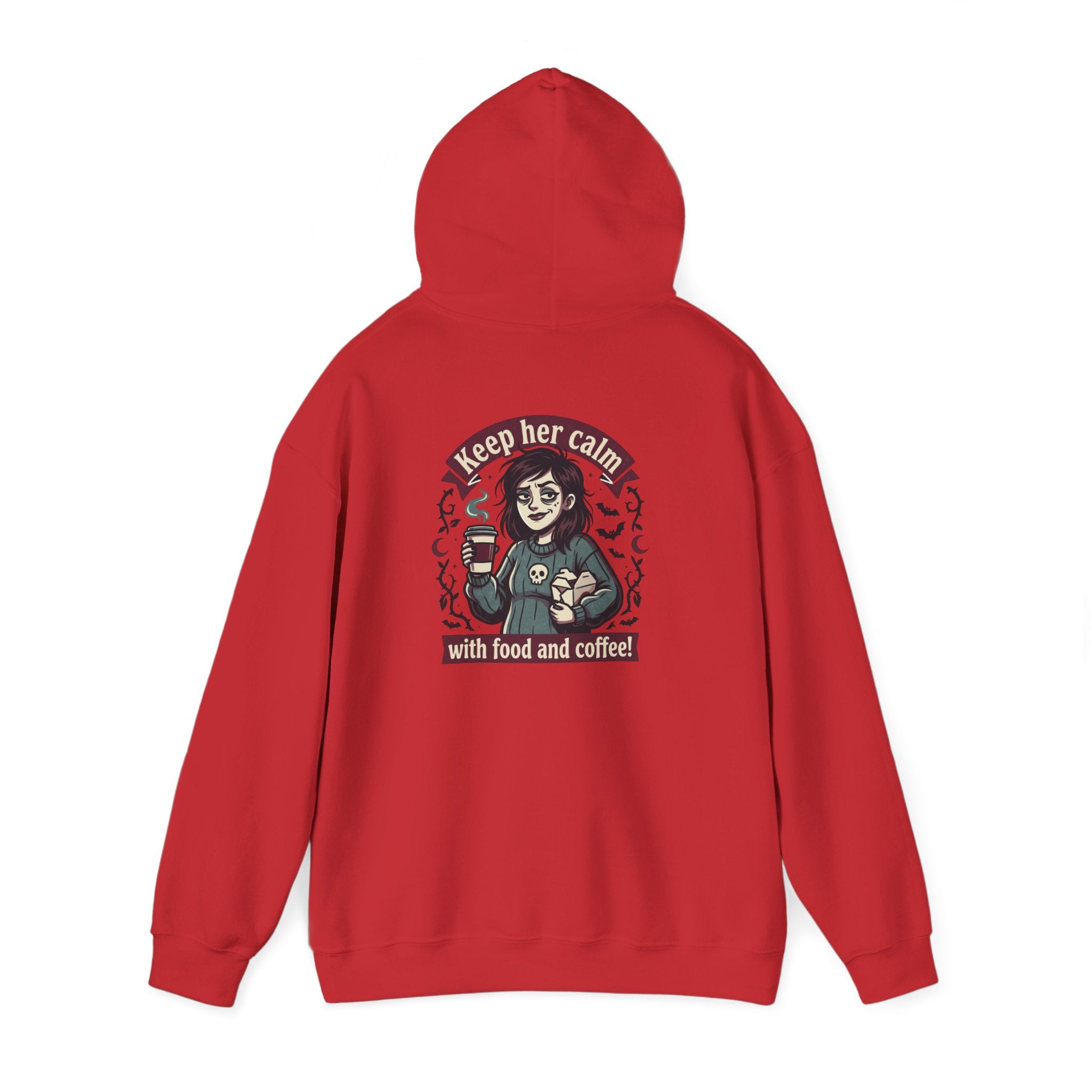 Sarcasm & Caffeine Hoodie — 'Keep Calm with Food and Coffee' Skeleton Jester Graphic Sweatshirt