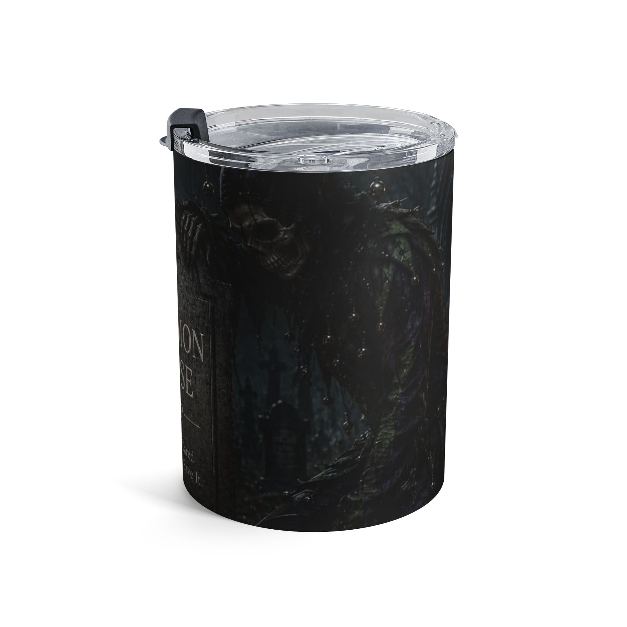Common Sense R.I.P. Tumbler — 'End of Common Sense' Skeleton Jester Gothic Gravestone 10oz Travel Mug